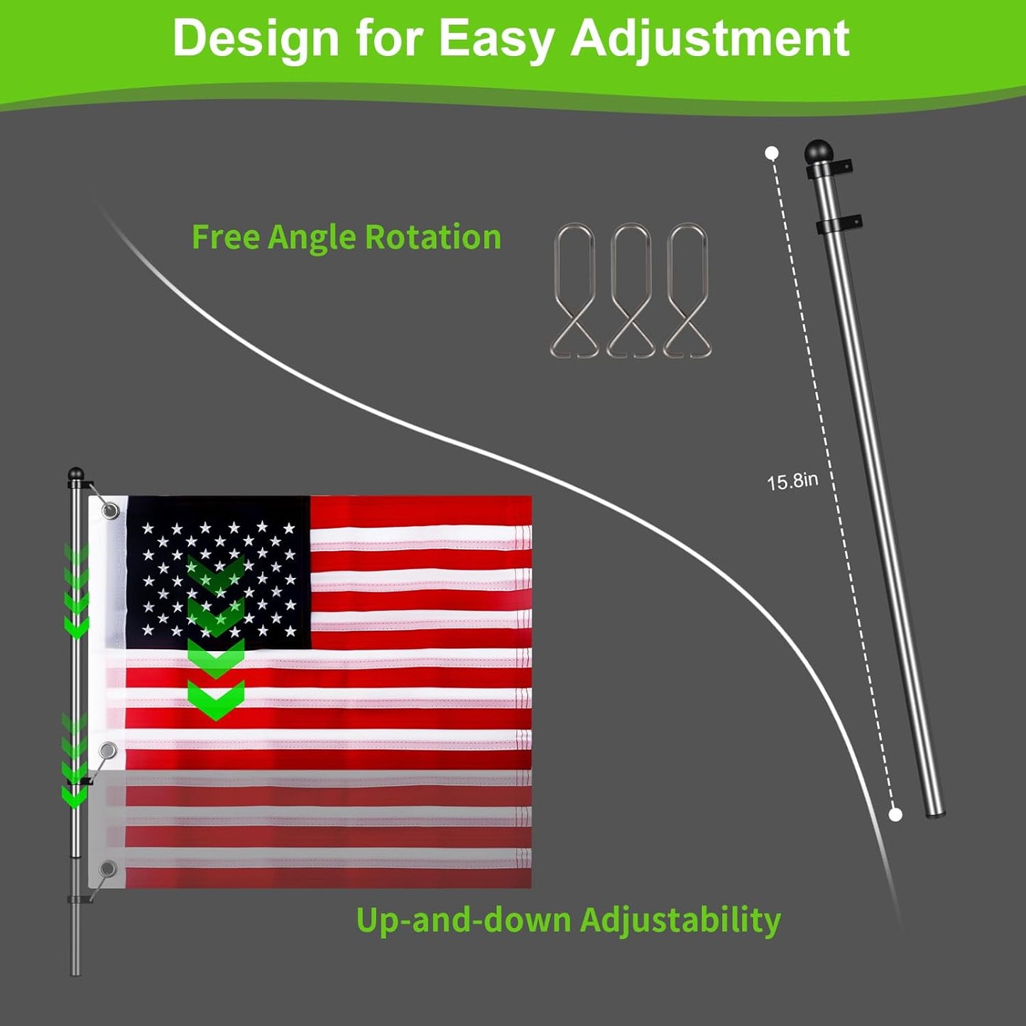 Golf Cart Adjustable Flag Holder, Universal Flagpole for EZGO Club Car Yamaha, Flag Bracket for 0.59-1.18" Round/Oval Square Rails Push Cart, UTV, ATV, Included USA Flags (12"×18")