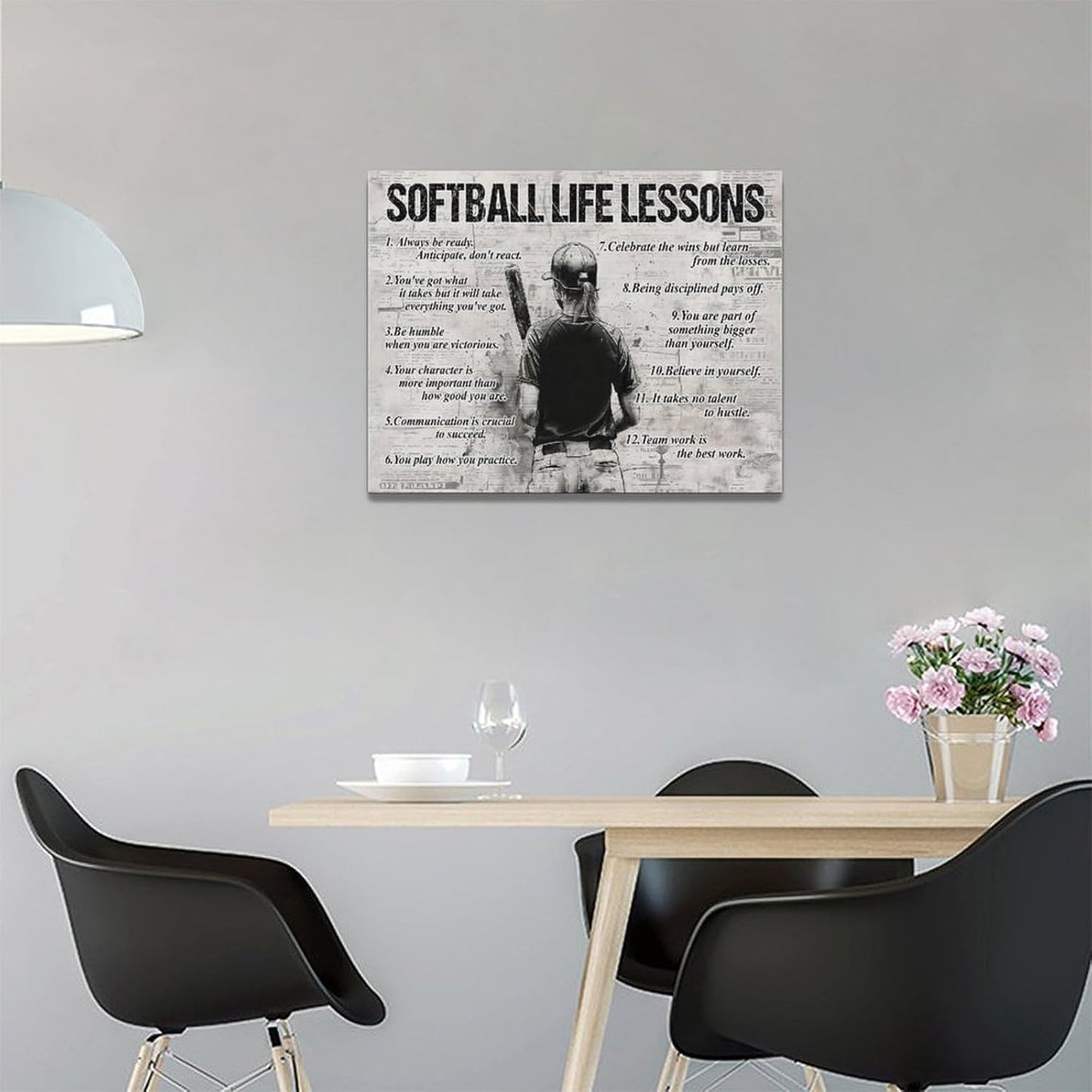 Softball Sports Wall Art Softball Life Lessons Wall Decor Softball Sign Retro Poster Boy Girls Men Room Motivational Decorations Canvas Print Painting Artwork for Bedroom Bathroom Living Room 16"x12"