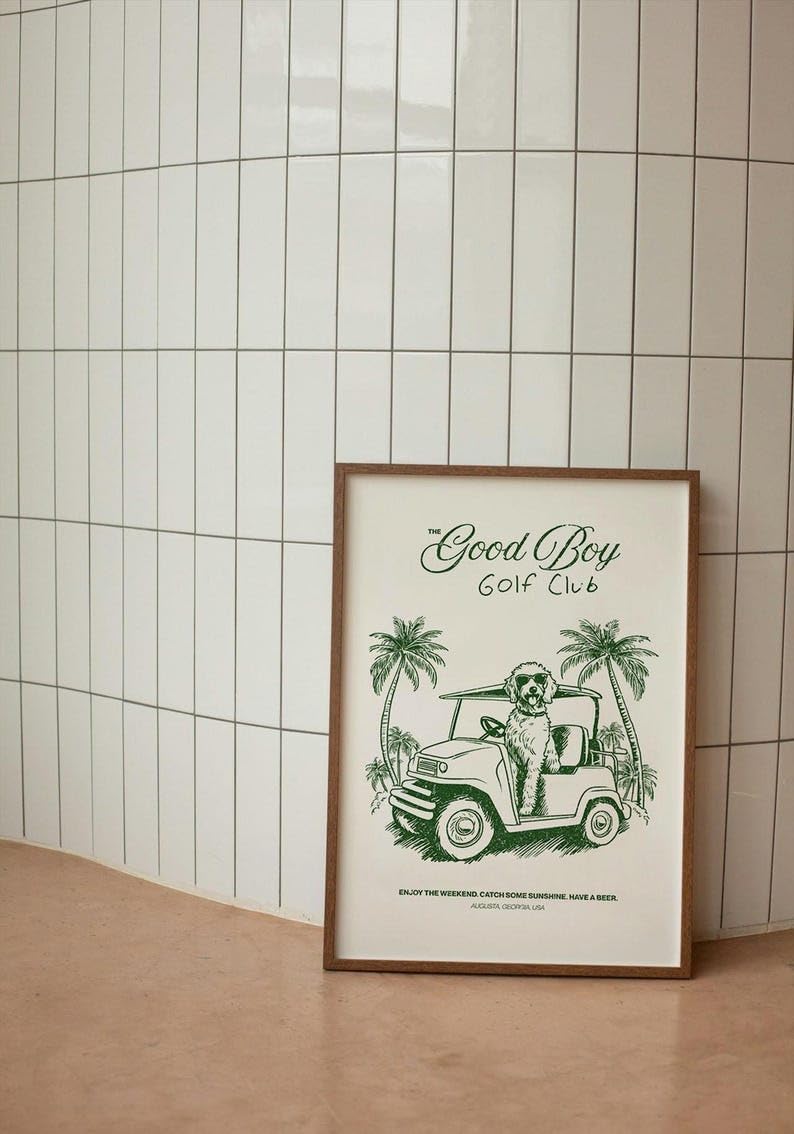 Nationcog Good Boy Golf Club Poster, Golden Doodle Dog Driving Golf Cart Print, Funny Retro Golf Wall Art, Perfect Golf Gift for Men, Dad, or Sports Enthusiasts (Unframed) (12x18)