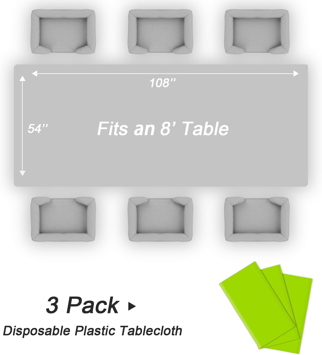QIKSION Plastic Table Cloth Disposable 3 Pack, 54 x 108 Inch Tablecloths for Rectangle Tables, Lime Green Plastic Table Cover