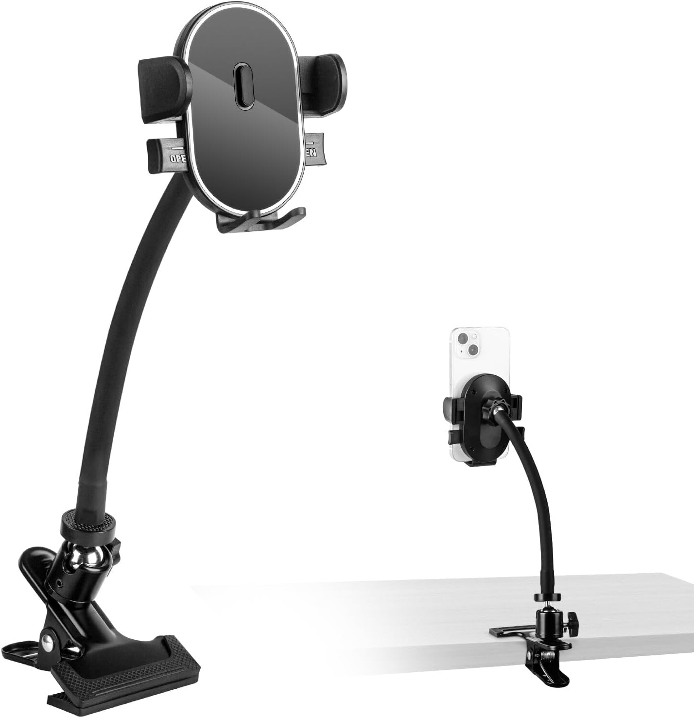 ROCKFREE Clip Phone Holder with 360° Gooseneck Arm & Auto-Locking Clamp,Short/Medium/Long Arm Options for Desk, Mic Stand, Table,Treadmill – Fits 4-7" Smartphones(Long-9.84 inch Arm)
