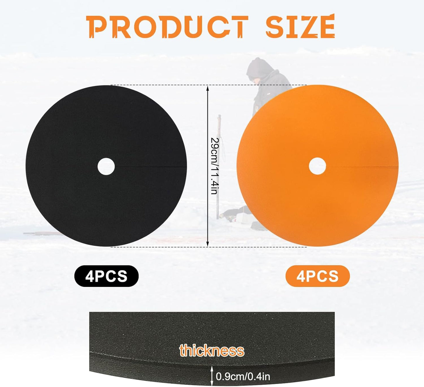 4-Pack Ice Fishing Hole Covers - 12" Insulated Lid for Ice Fish Tip Ups - Essential Winter Fishing Accessories for Fish Houses, Easy to Use and Durable.Black+Orange