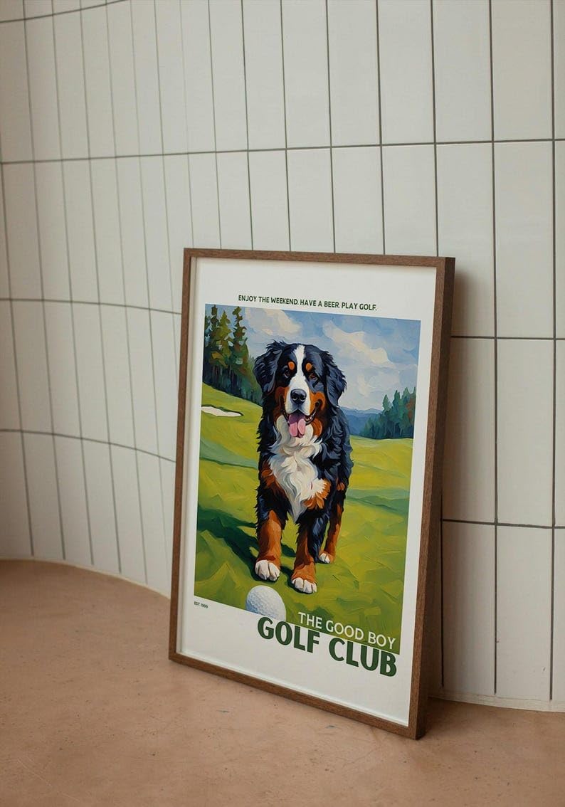 Golf Wall Art Print, Bernese Mountain Dog on Golf Course, Colorful Impasto Painting, Trendy Sports Poster, Unique Golf Course Poster for Collectors and Sports Fans, Home Decor (Unframed) (16x24)