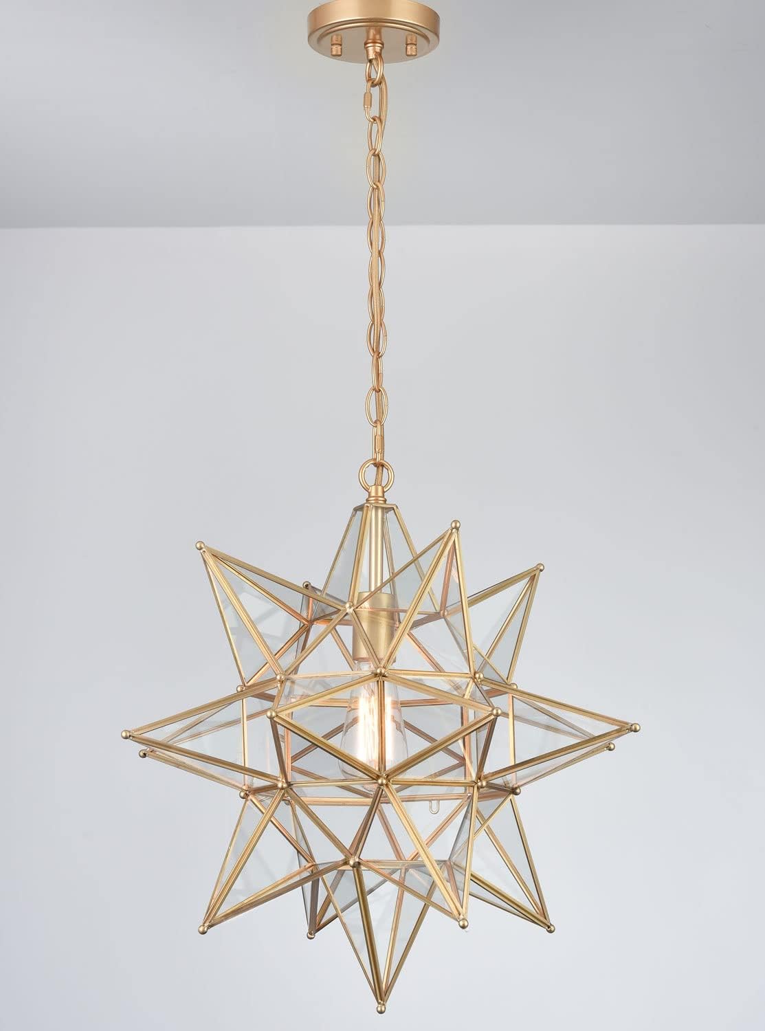 DIRYZON 20 Inch Gold Large Moravian Star Pendant Light Mid Century Clear Glass Hanging Pendant Light for Kitchen Bedroom Porch