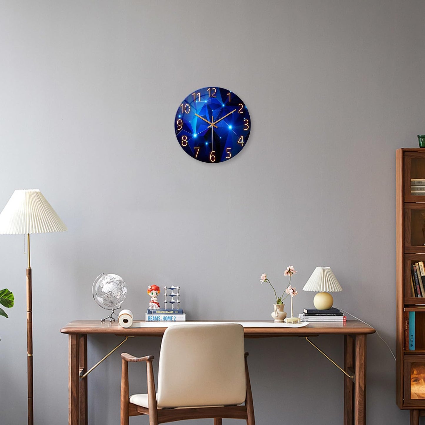 Blue Wall Clock for Living Room Decor Kitchen Wall Clocks Battery Operated 12 Inch Round Glass Decorative Wall Clock Non Ticking