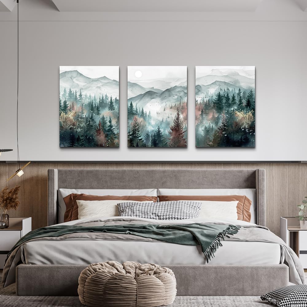 TTHYUEWS Wall Art For Living Room Farmhouse Decor For Bedroom Office Fog Forest Mountain Landscape Watercolour Paintings Artwork Ready To Hang Home Decorations 3 Piece