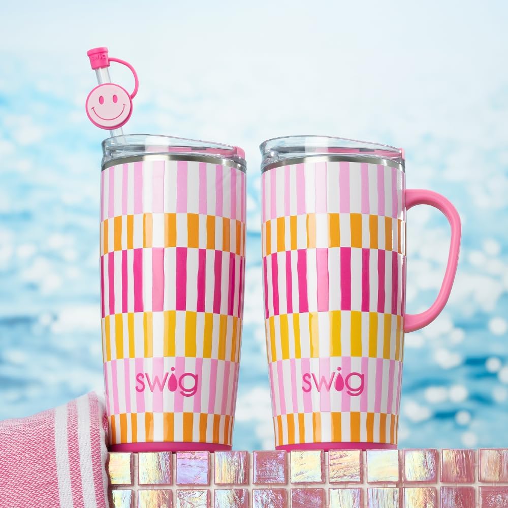 Swig Life 22oz Travel Mug, Insulated Tumbler with Handle and Lid, Travel Coffee Mug, Cup Holder Friendly, Stainless Steel 22 oz Tumbler, Reusable Insulated with Lid (Sherbet Stripe)