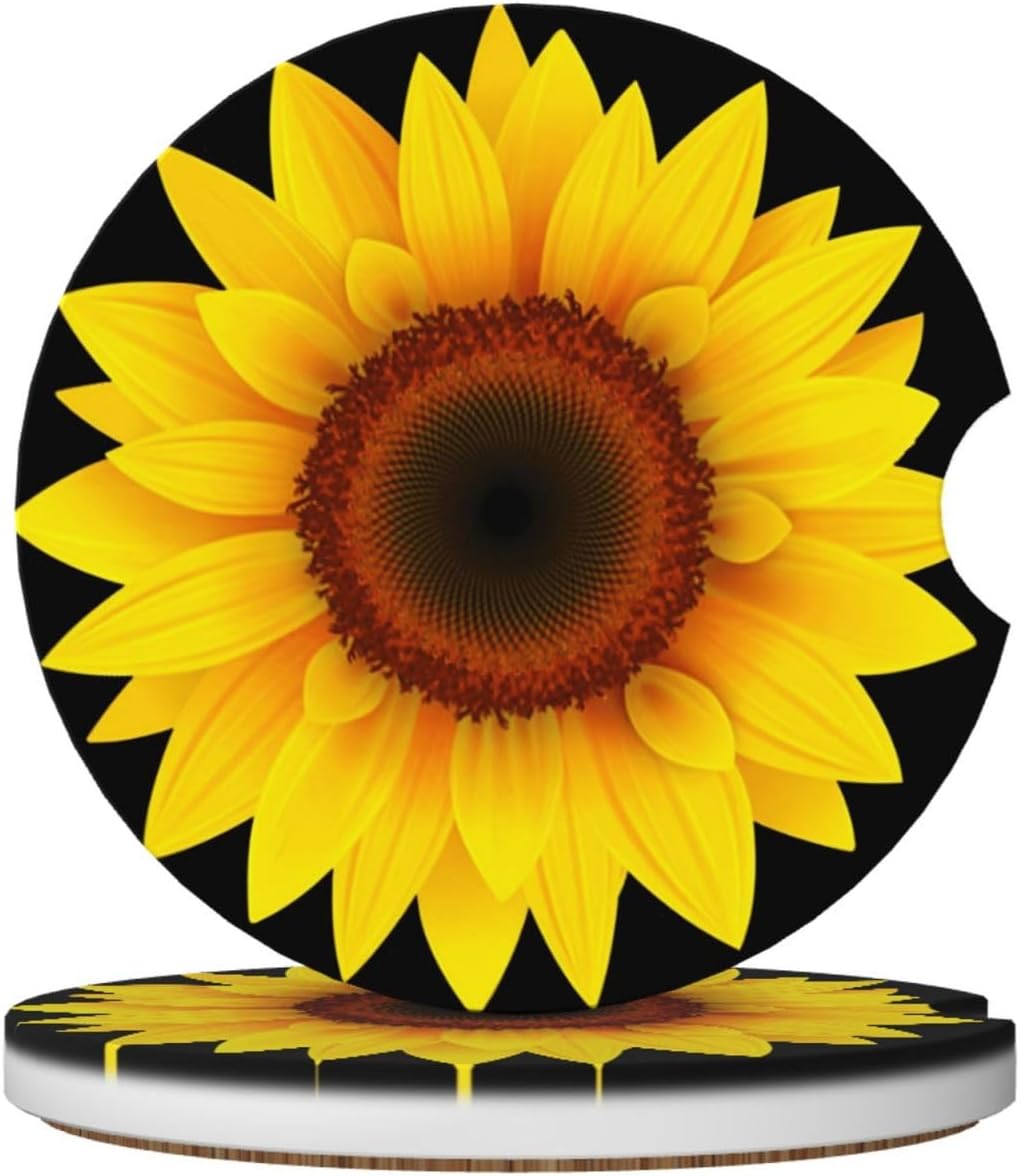 Car Cup Holder Coasters, Sunflower Sun Flower Car Coasters for Cup Holder Drinks, 2 Pack Ceramic Cute Auto Interior Accessories for Women Men