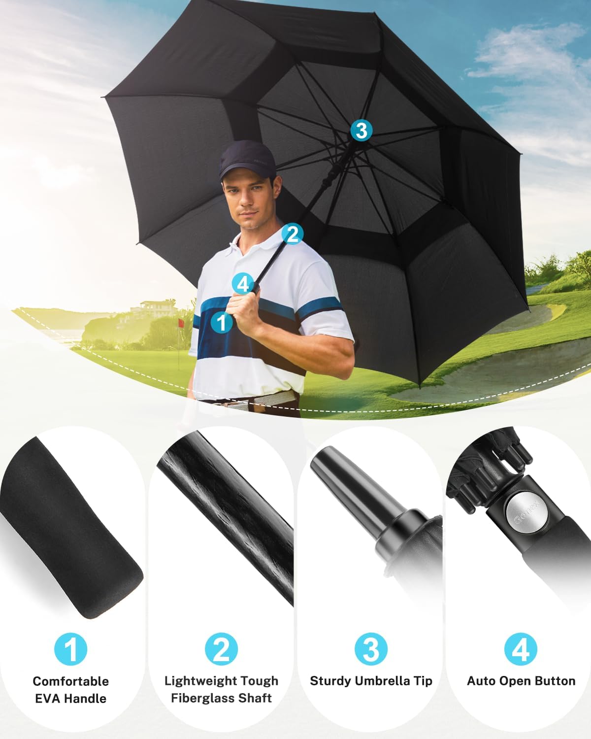 Gonex 54/62/68/72/80 Inch Extra Large Golf Umbrella, Automatic Open Travel Rain Umbrella with Windproof Water Resistant Double Canopy, Oversize Vented Umbrellas for 2-3 Men and UV Protection, Multiple Colors