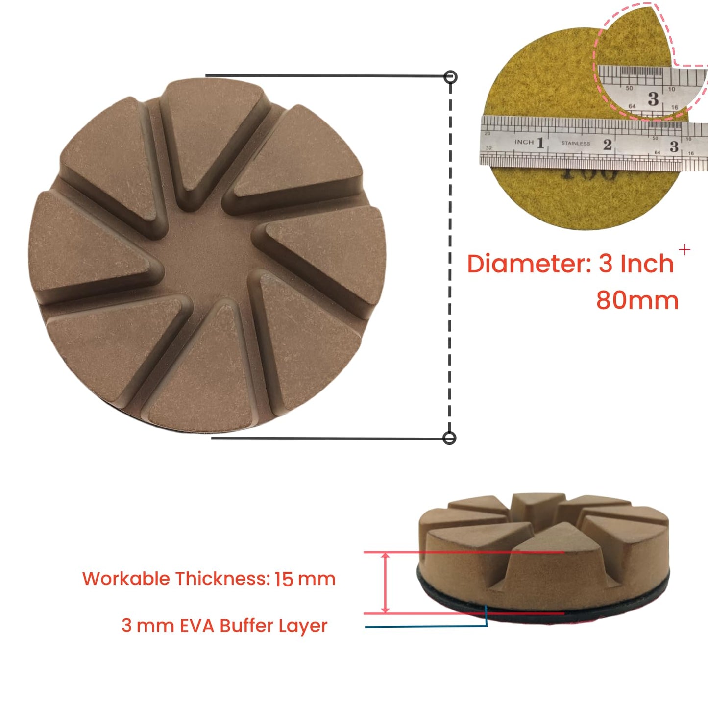 Hybrid Diamond Ceramic Polishing Pucks, Aggressive Concrete Terrazzo Floor Hook n Loop Grinding Pads, 3 Inch Long Using Life Transitional Discs,200# 9PCS
