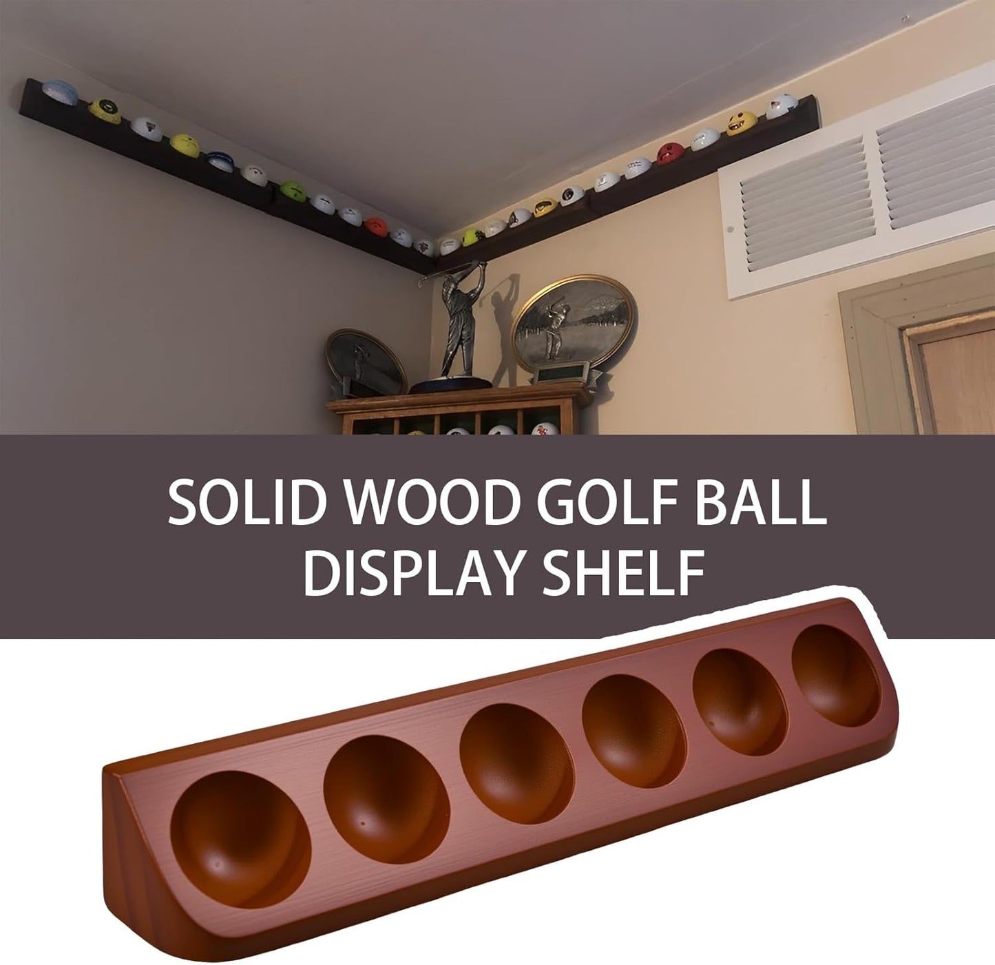 Wooden Golf Ball Display Shelf, Holds 6 Standard Golf Balls, Ideal Collector Display for Golf Enthusiasts, Wall Mount or Tabletop Display for Sports Memorabilia（Brown）