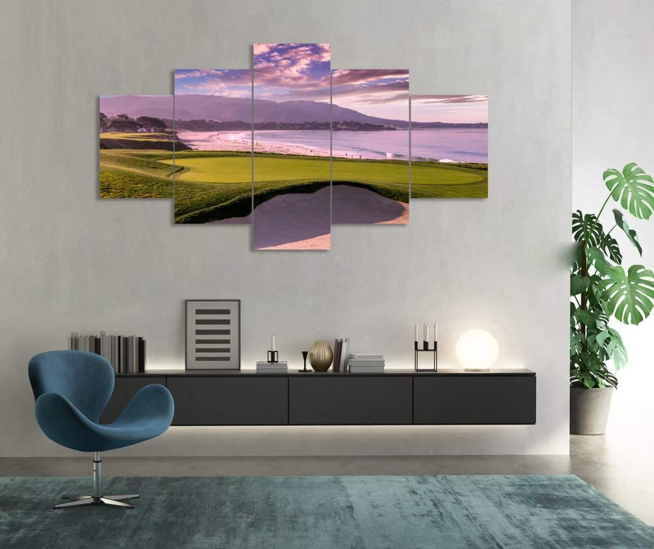 Pebble Beach Golf Course Hole 9th Wall Art Pictures Monterey California Golf Course Wall Decor for Living Room Bedroom Bathroom Home Decorations Canvas Prints Framed Ready to Hang(60''W x 32''H)