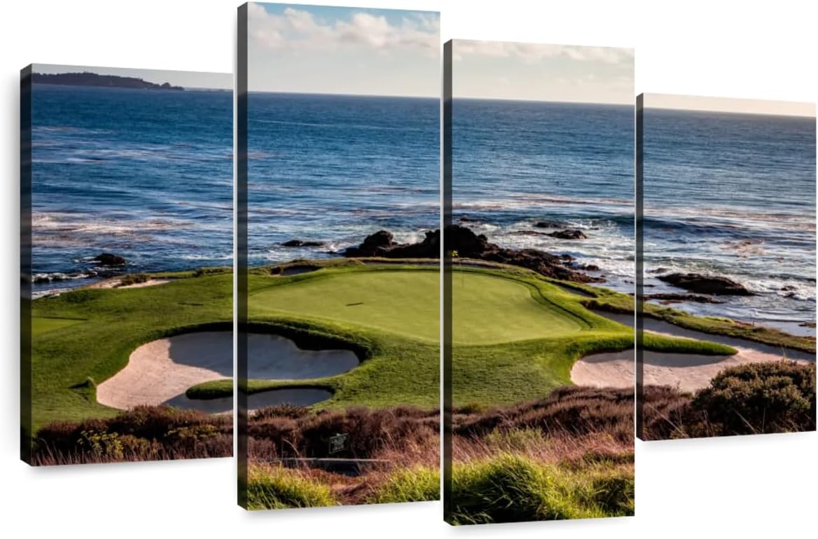 Elephant Stock California Coastline Golf Course Wall Art - Horizontal Canvas - 4-Piece Living Room Wall Decor - Photography Sports Canvas Print - Brown and Beige Decor for Wall - 30" X 18"