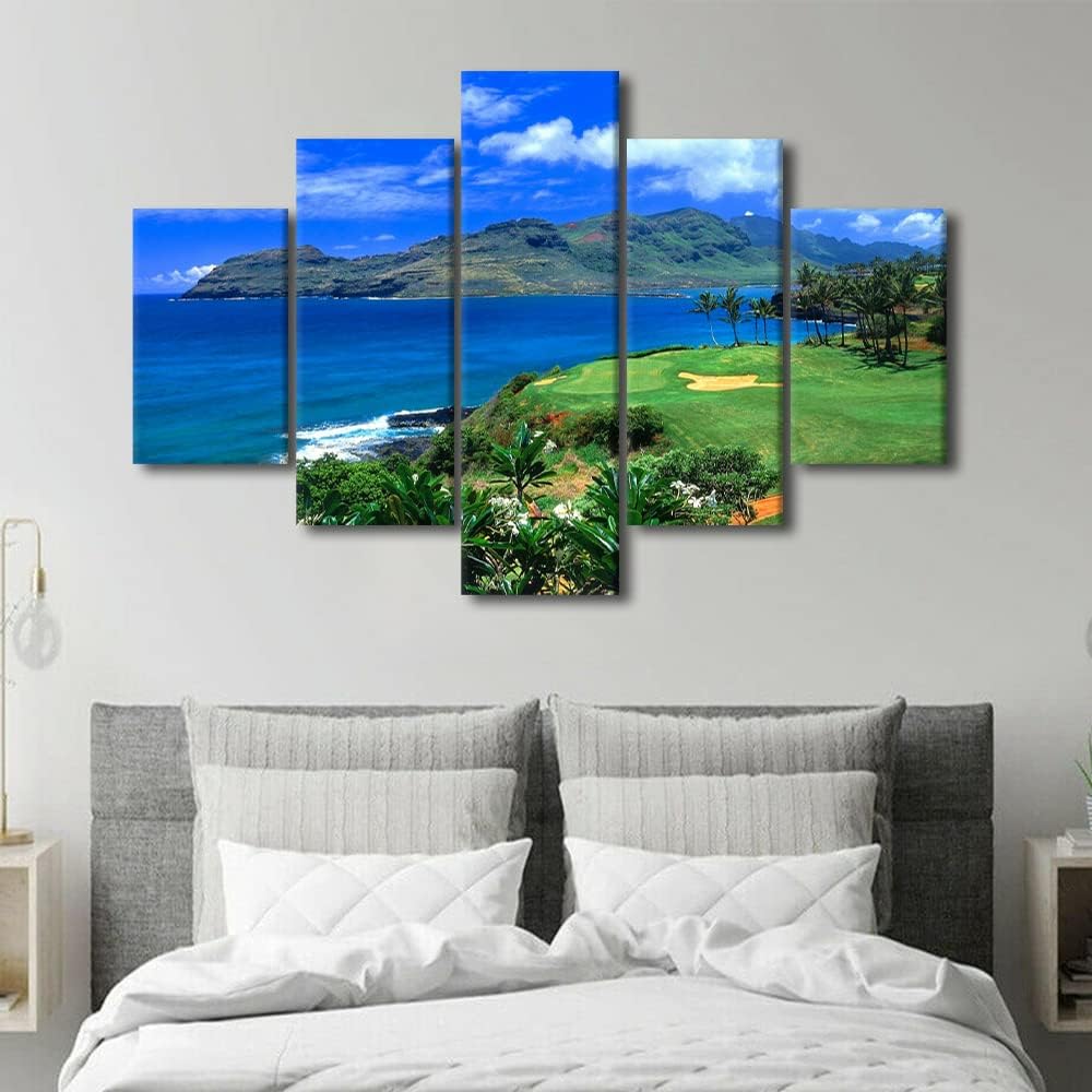 5 Piece Canvas Wall Art for Living Room Golf Course Pictures White Golf Ball Paintings Green Lawn Scenery Artwork Gallery-Wrapped Modern Home Decor Posters and Prints Framed Ready to Hang - 60"Wx40"H