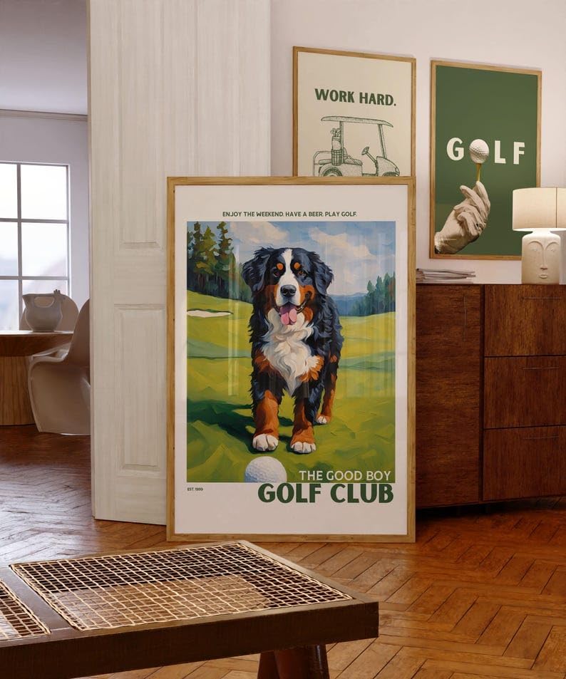 Golf Wall Art Print, Bernese Mountain Dog on Golf Course, Colorful Impasto Painting, Trendy Sports Poster, Unique Golf Course Poster for Collectors and Sports Fans, Home Decor (Unframed) (16x24)