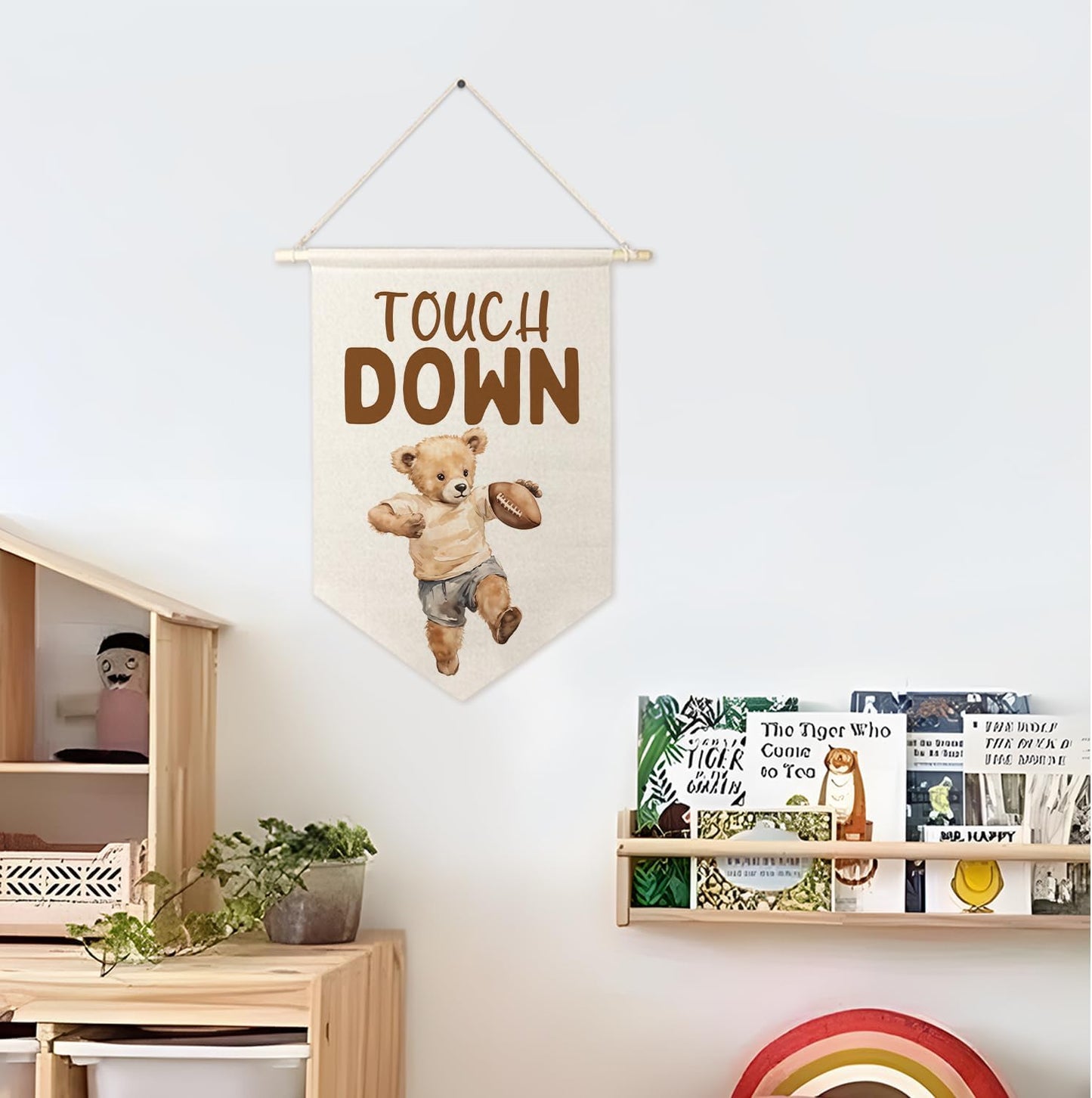 ArtisaEura Bear Nursery Football Wall Canvas Banners, Bear Nursery Decor, Touch Down Football Hanging Display Pennant Banner Flags, Cute Animals Wall Decor for Kids Room Bedroom Playroom
