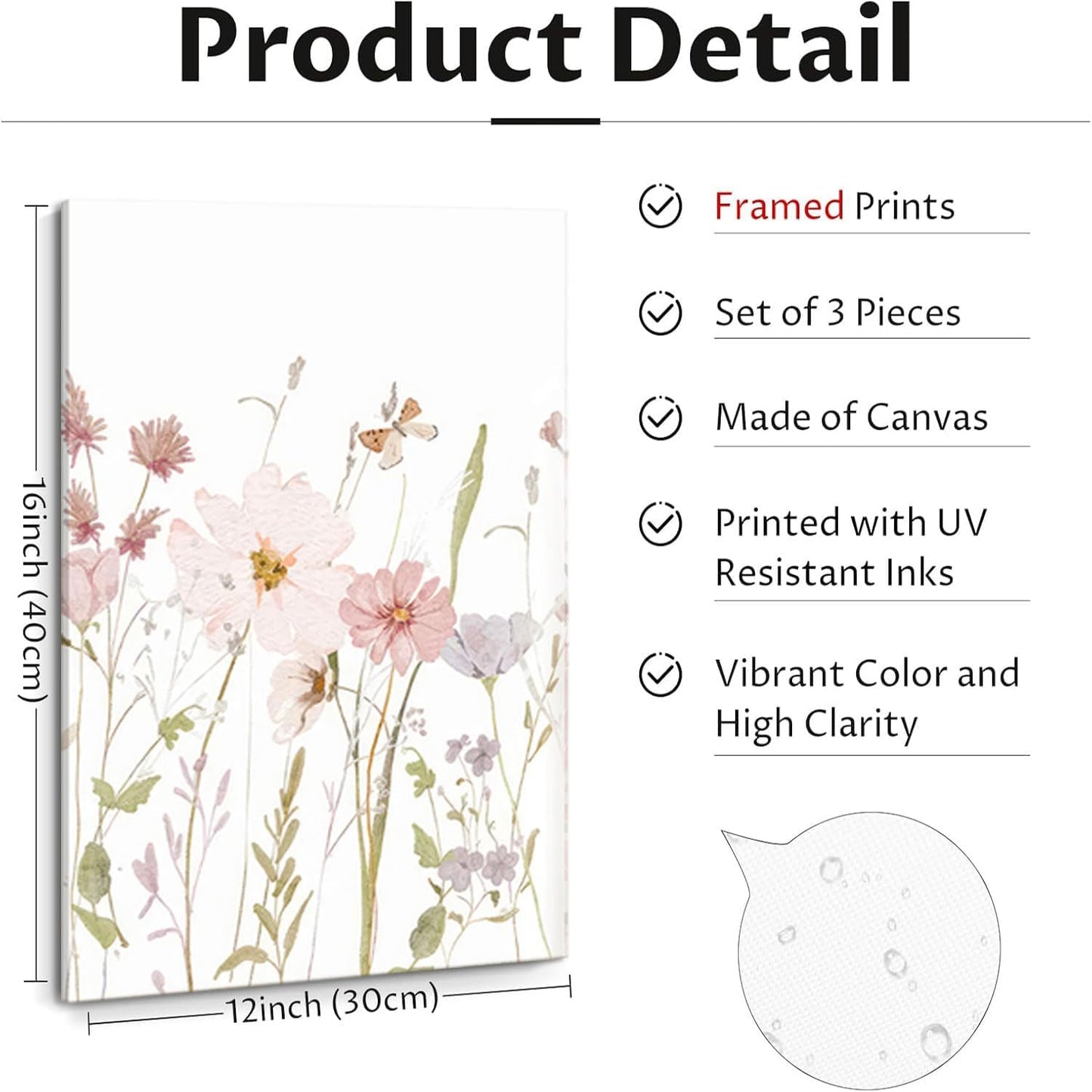 MTFBWY Floral Canvas Wall Art Flower Framed Art Prints Set of 3 Pink Wildflower Printing Botanical Nursery Pictures Wall Decor Artwork for Living Room Bedroom Bathroom 12x16in