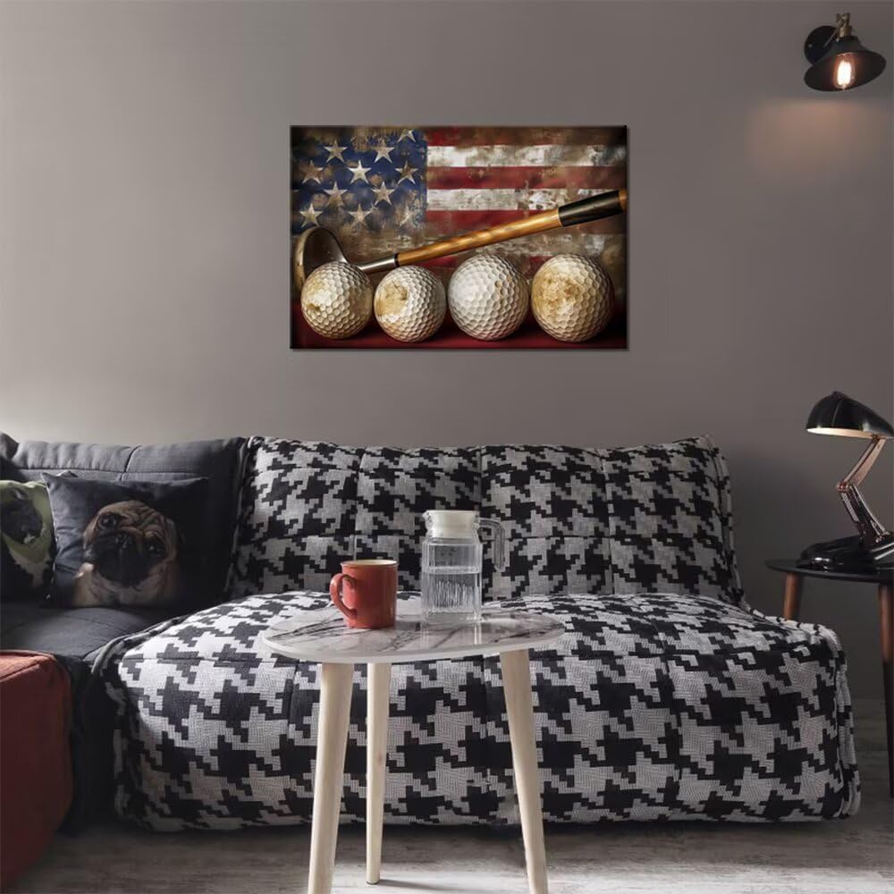 Golf Canvas Wall Art Vintage Golf Ball with American Flag Painting Artwork Leisure Sports Poster Golf Pictures for Living Room Office Club Home Decorations Framed Ready to Hang (24 x 36 inch)