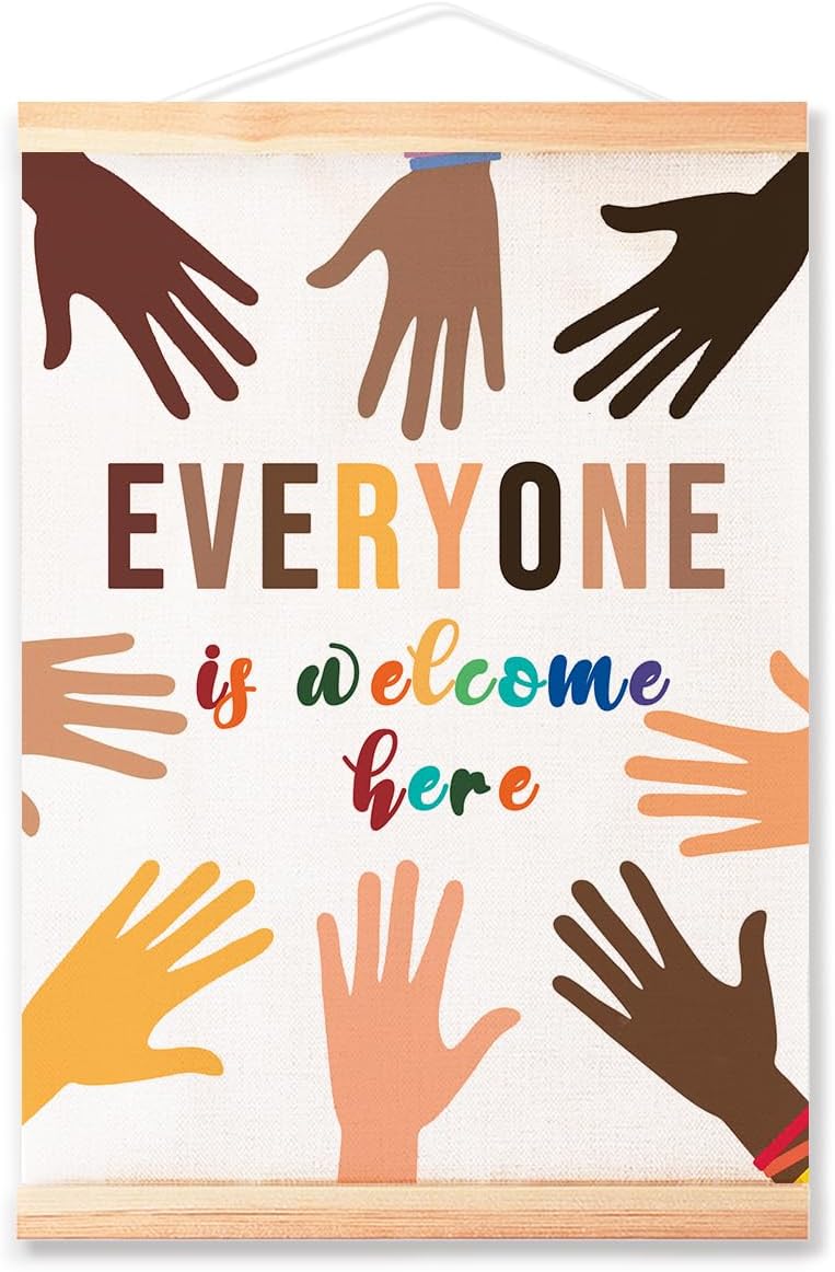 Multicultural Diversity Equality Poster Hanger Frame for Classroom School Nursery Wall Decor,Every One is Welcome Here Classroom Canvas Wall Art Poster Print Wall Hanging 16x12in