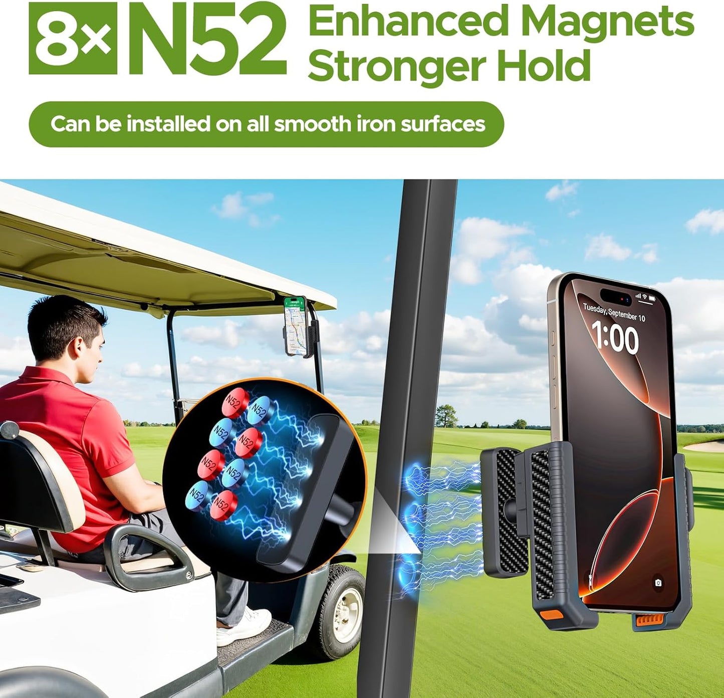 Magnetic Golf Cart Phone Holder Mount with Ultra-Strong N52 Magnets & 360°Rotation,Fit for EZGO/Club Car/Yamaha/ICON,Golf Cart Accessories Compatible for Cell Phone iPhone,Samsung & More (Orange)