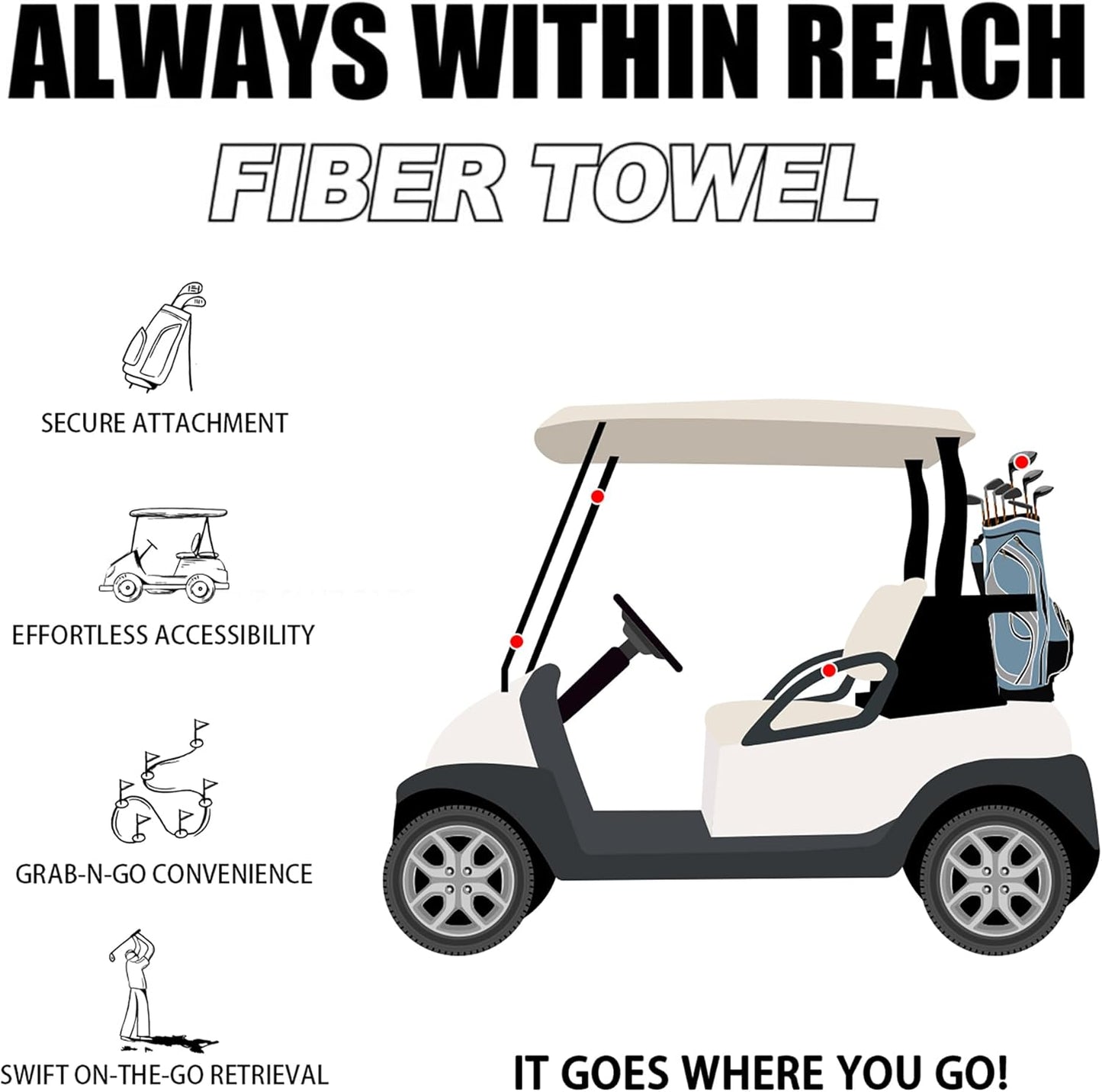 Magnetic Golf Towel with Clip, Microfiber Waffle Design - Industrial Strength Magnet for Strong Hold to Golf Bags, Carts & Clubs - Black