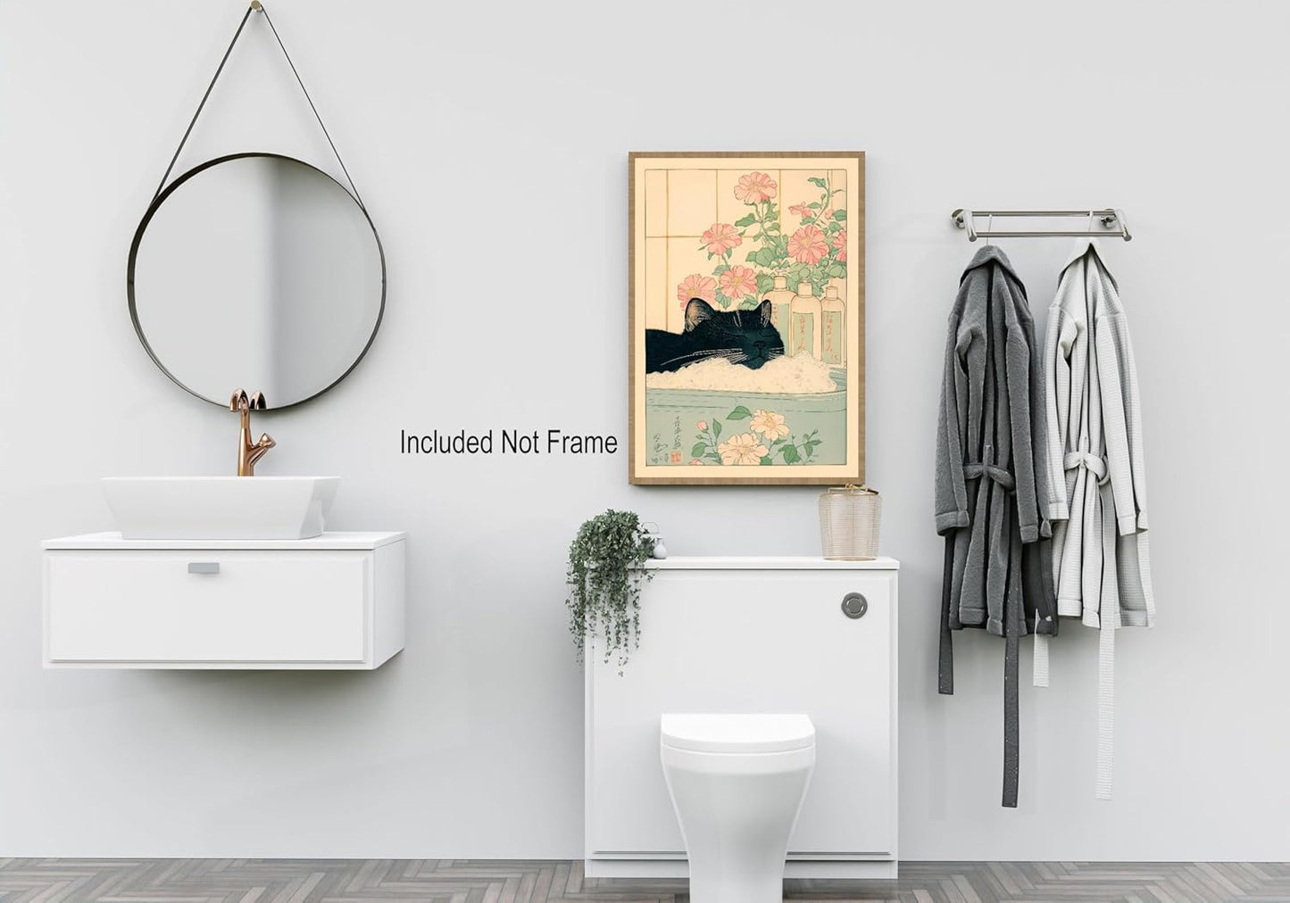Vintage Black Cat in The Bathtub Posters Funny Bathroom Wall Art Cute Animal Lover Canvas Prints Japanese Aesthetic Neutral Minimalist Wall Decor for Restroom Toilet 20x30in Unframed
