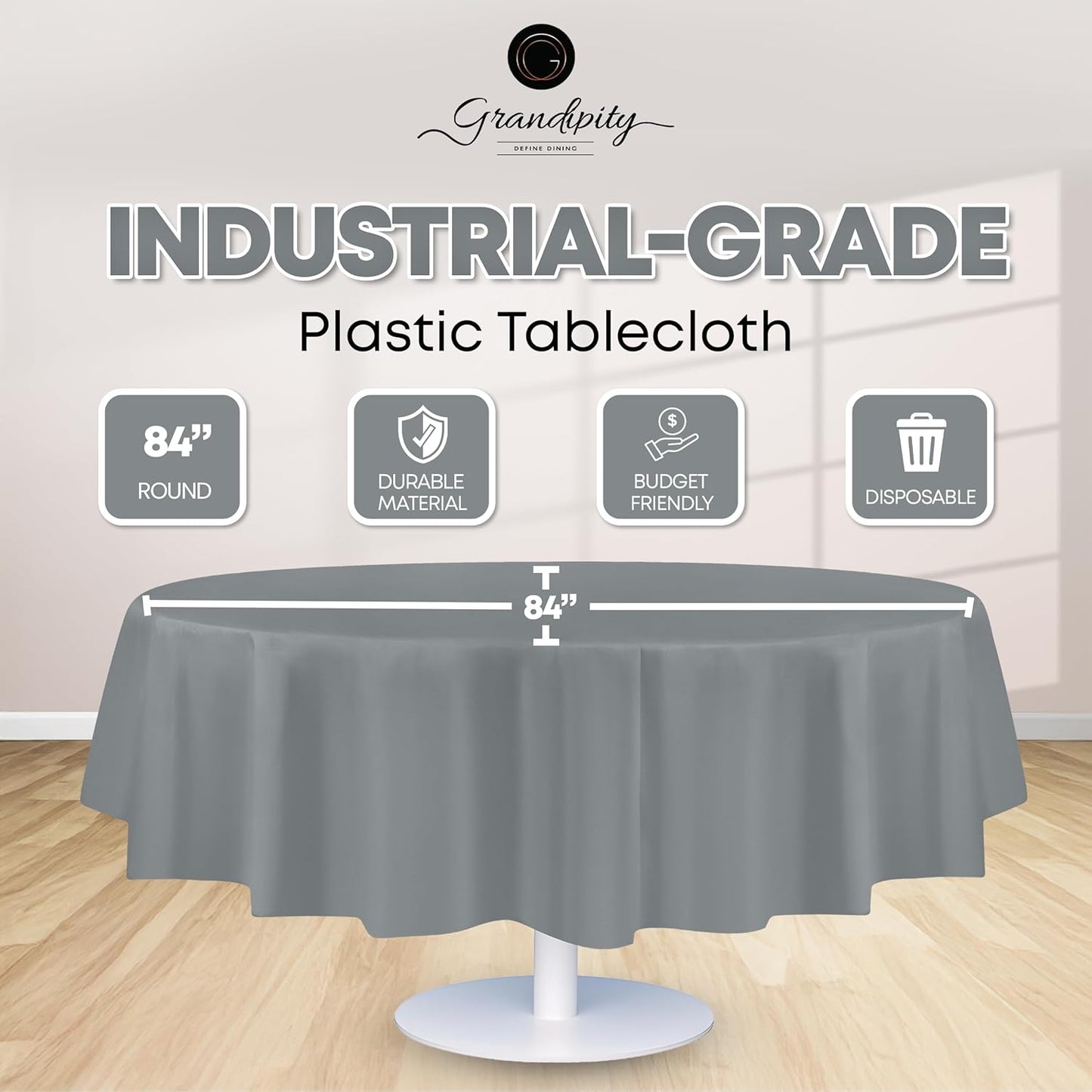 Grandipity 12 Pack Premium Disposable Plastic Tablecloth 84" Inch Decorative Round Table Cover - Silver