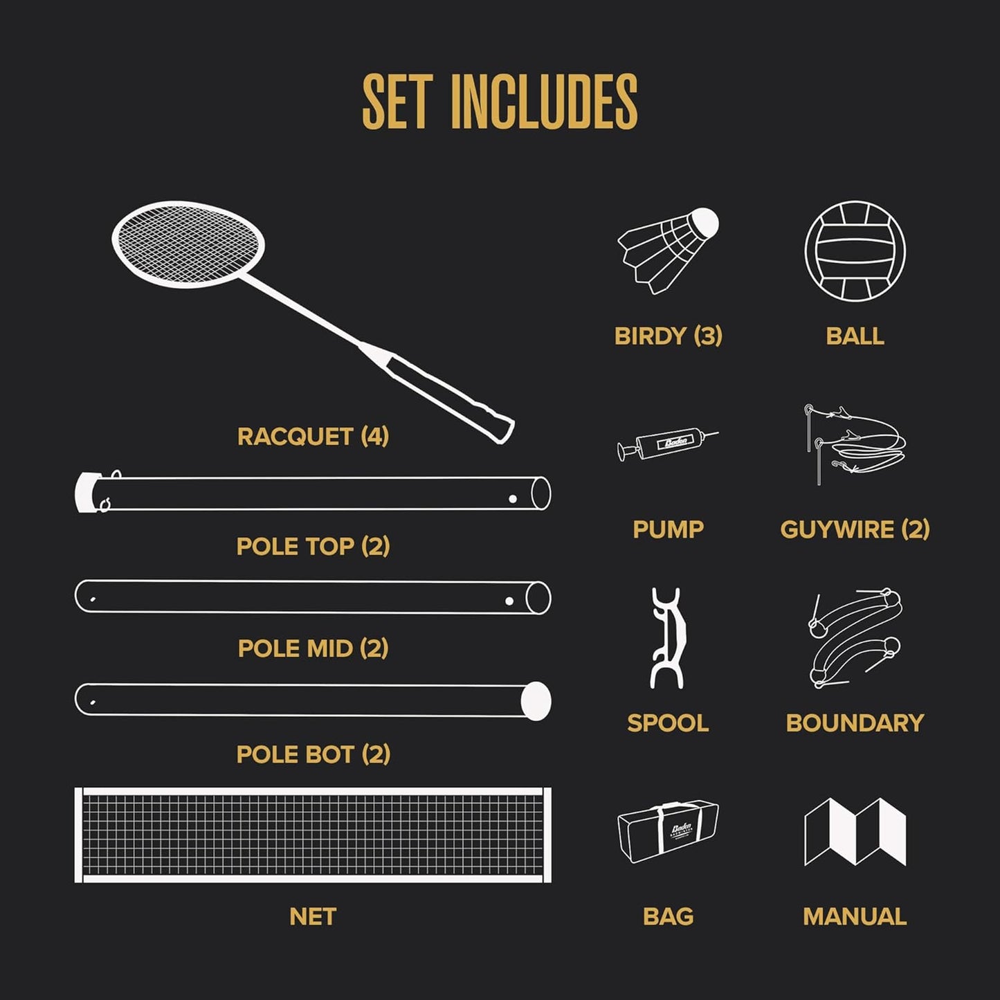 Baden Champions Volleyball/Badminton Portable Combo Set, 4 Raquets + 3 Birdies + Boundary + Volleyball + Pump + Carry Bag