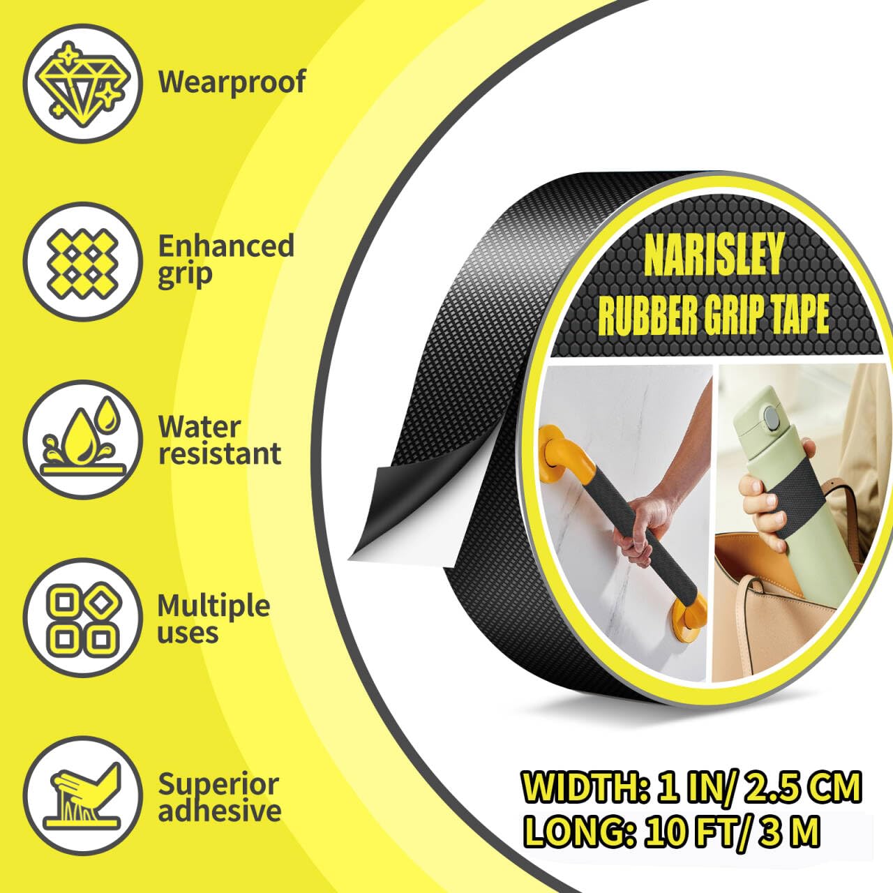 Rubber Grip Tape, Ultra Strong Waterproof Anti Slip Tape with Textured Adhesive for DIY Tools & Gadgets, Customizable for Enhanced Comfort & Safety (1In x 10Ft, Black)