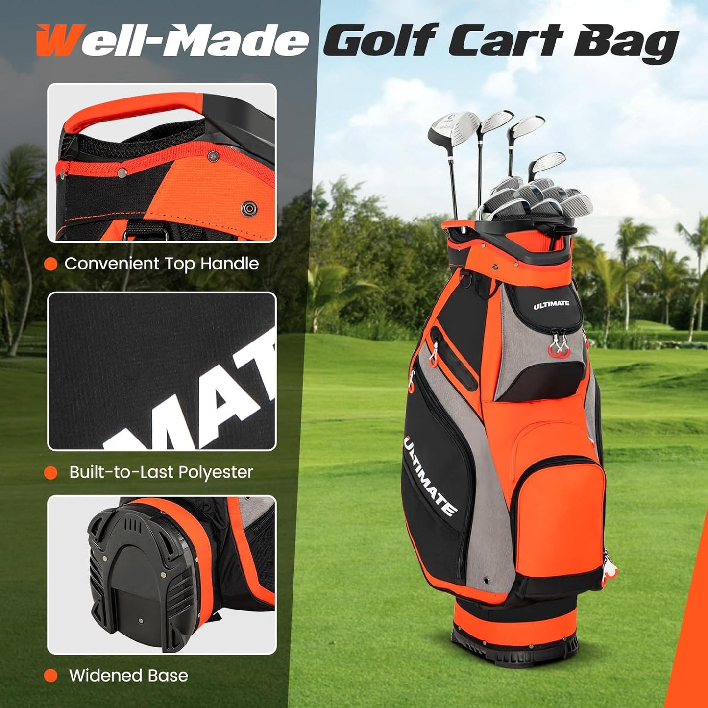 ULTIMATE Golf Cart Bag, 14 Way Top Dividers Golf Carry Bag w/Pockets & Umbrella Holder, Portable Golf Club Bag w/Soft Shoulder Strap & Rain Hood, Lightweight Golf Bag for Women & Men