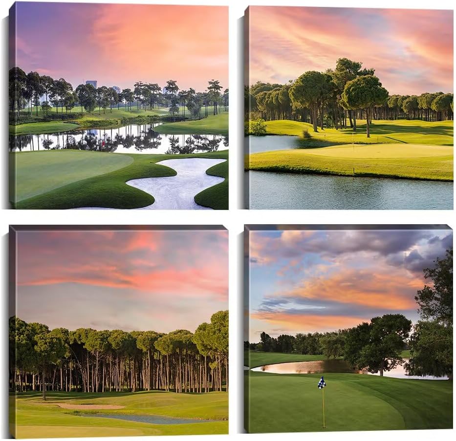 Pankila Golf Course Wall Art for Golf Gym Club Canvas Wall Decor Yellow Green Sunset Landscape Abstract Wall Painting Decor Living Room Bedroom Bathroom Frame Artwork (20''W x 20''H x 4)