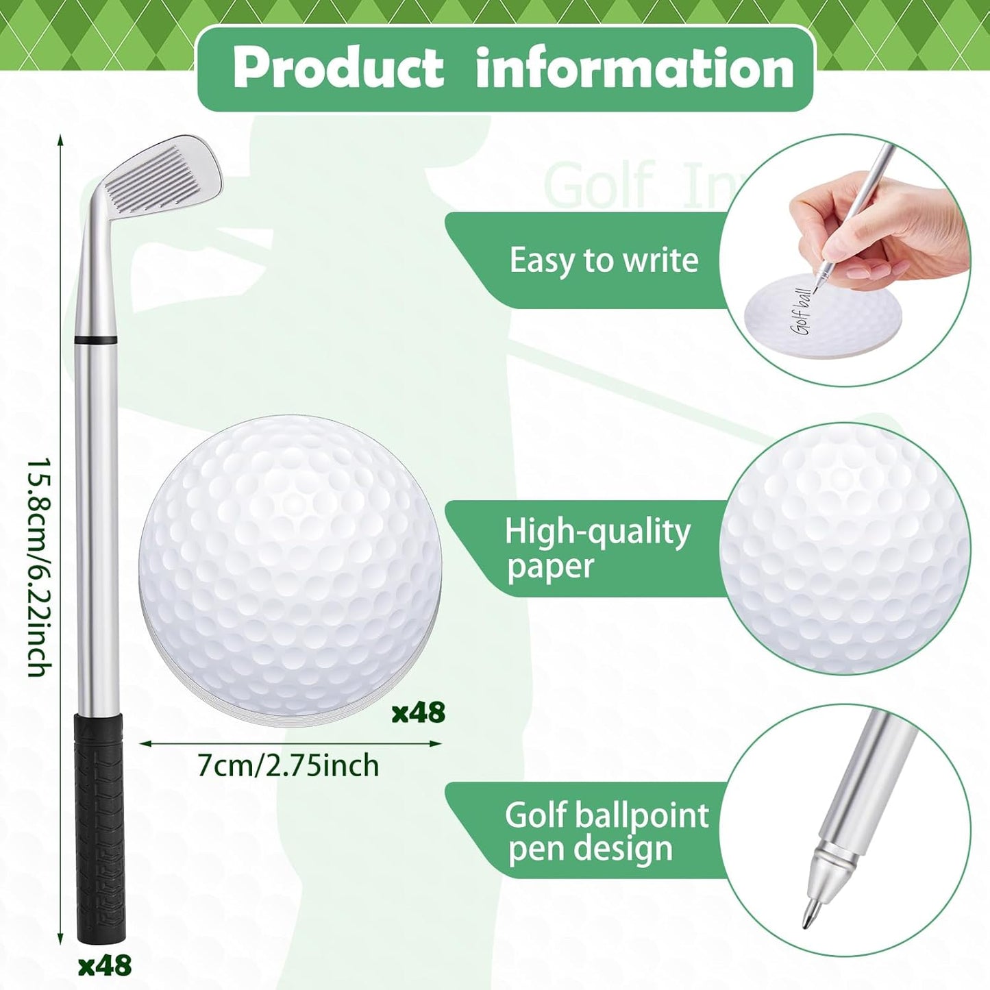 Estune 48 Pack Golf Ballpoint Pen and Pads Golf Sticky Notes Cool Golf Party Favors Mini Decorative Golf Pens Funny Sports Golfing Club Props Black Gel Ink for Office Coworkers Stationery Gift Supply