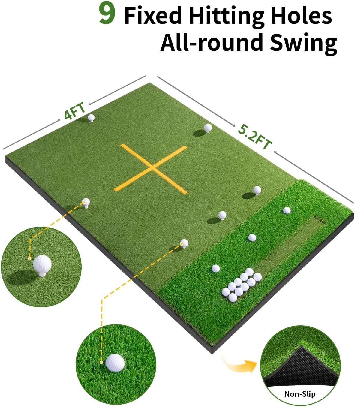 5.2x4ft & 6x4ft 21mm-45mm Dual-Turf Golf Mat with Ball Tray, Thickened Golf Hitting Mat with 9 Hitting Holes, Alignment Aid Practice Mat for Hitting, Driving Chipping, Swinging, Golf Present for Men