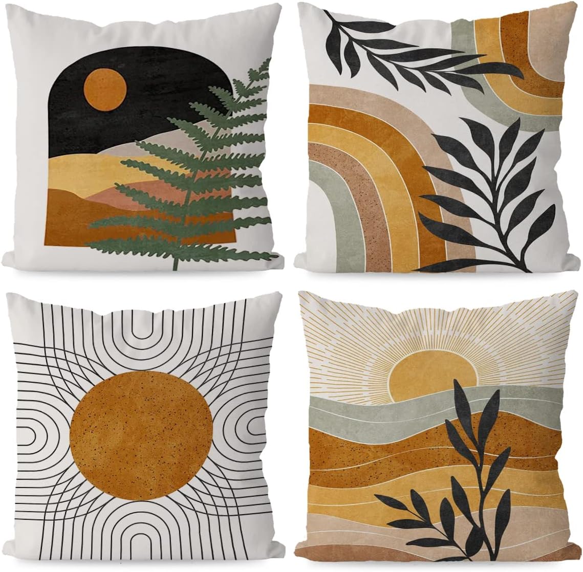 KEUSPI Boho Pillow Coves Sun Rainbow Botanical Leaf Mountain Nature Landscape Throw Pillow Covers,Boho Throw Pillow Covers 18×18 Set of 4,Home Bedroom Bohemian Decor,Bohemian Lovers Girls Women Gifts