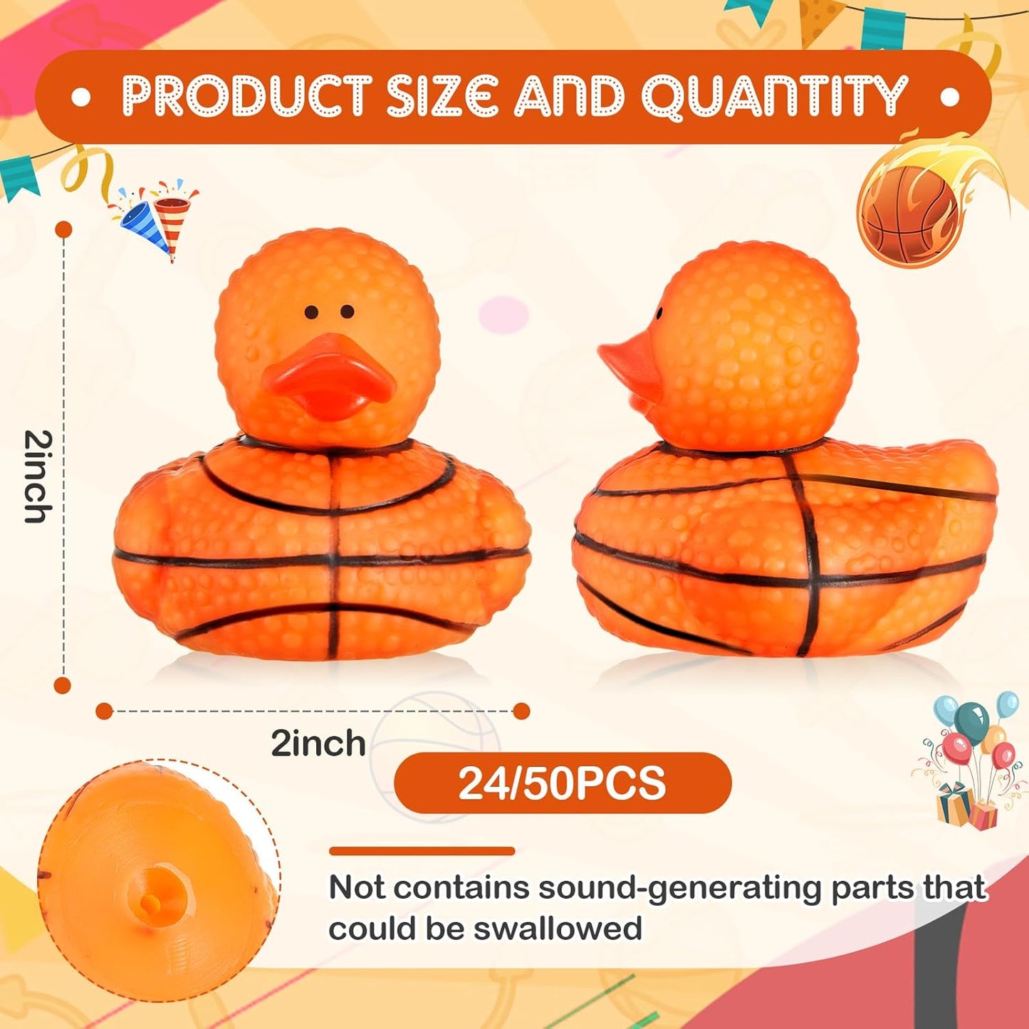 Deekin Rubber Duck 2 Inch Bulk Sport Party Favors for Team Events Game Day Decorations Birthday Party Decorations Club Player Gift(50 Pcs,Basketball Texture)