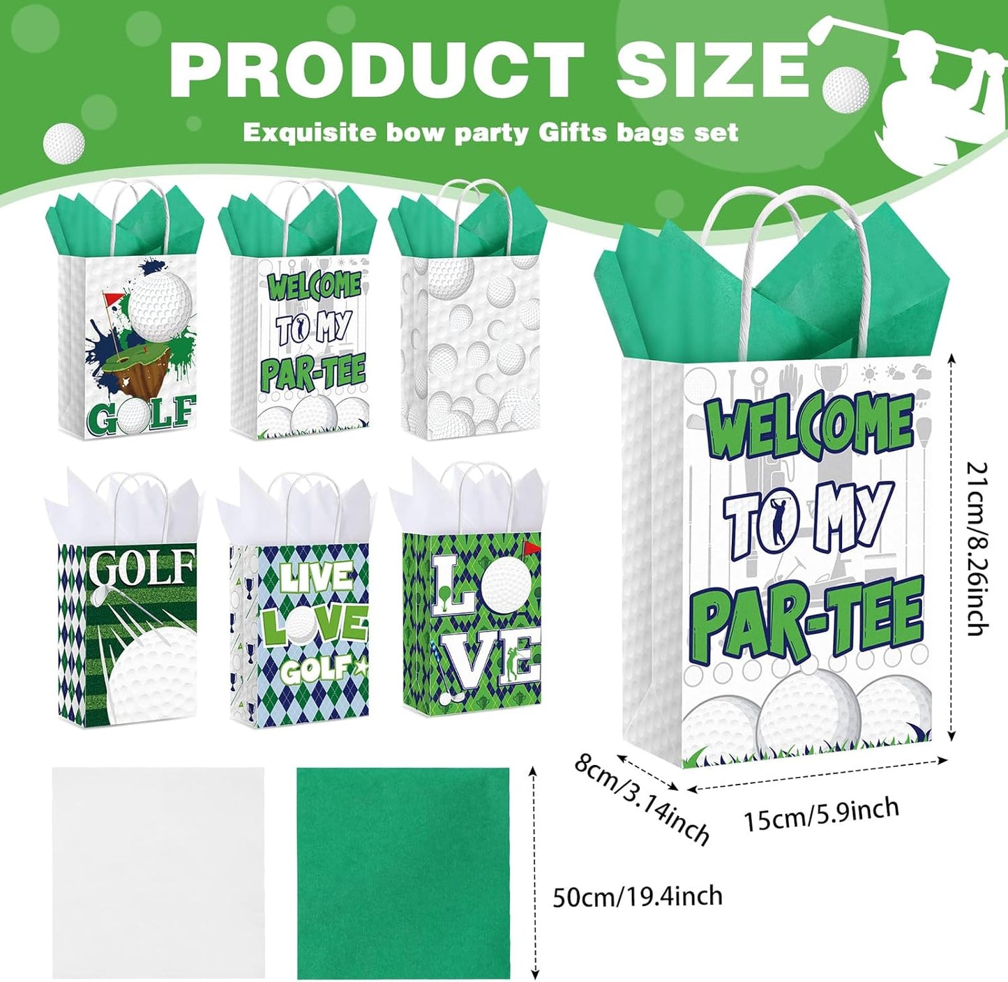 Aoriher 24 Pcs Golf Party Favor Bags with Tissue Paper Golf Goodie Gift Bags Golf Candy Treats Snack Bags with Handle for Birthday Party Supplies Decorations