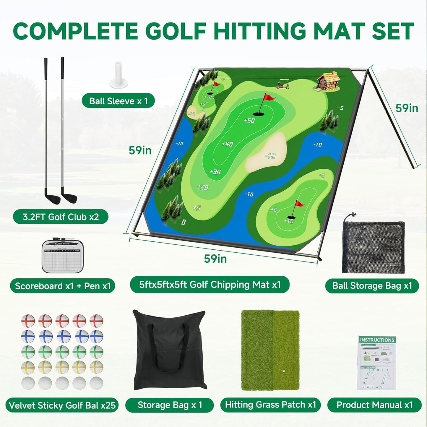 Golf Chipping Game with Stand, Golf Target Battle Game with 80"x80"/59"x59" Hitting Mat, Portable Golf Practice with 25 Sticky Balls for Adults, Outdoor Indoor Backyard Christmas Ideal Gift for Kids