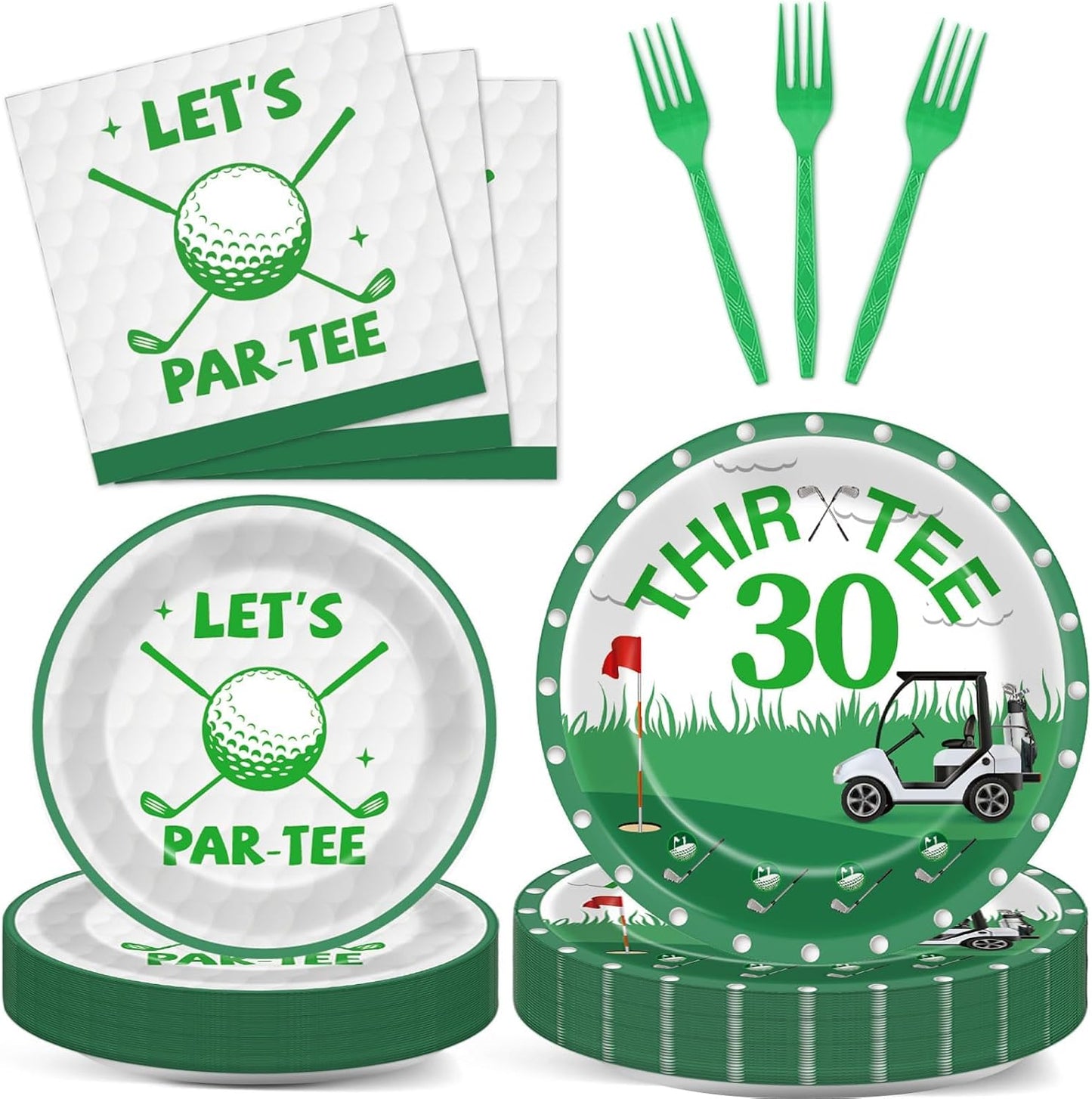 96 Pcs Golf 30th Birthday Party Decorations Golf Theme Tableware Set Golf Thir-Tee Plates Napkins Forks for Let's Par-Tee Men Women Birthday Dinnerware Green Sports Party Supplies 24 Guests