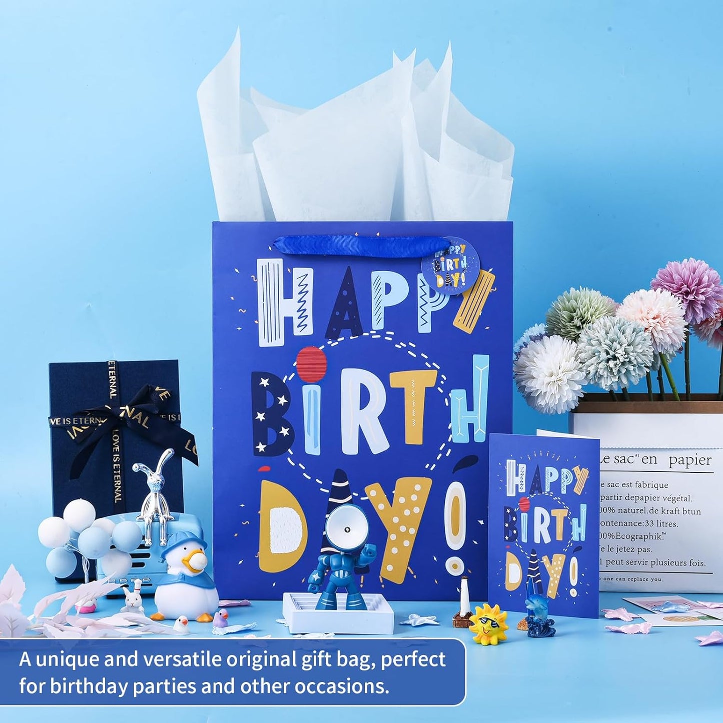 13" Blue Happy Birthday Bag with Tissue Paper and Greeting Card for Party,Happy Birthday Gift Bag for Kids, Boys, Girls, Baby Boy,Men Women,Gift Bags Medium size (2 PCS Blue, Kids Gift Bag)