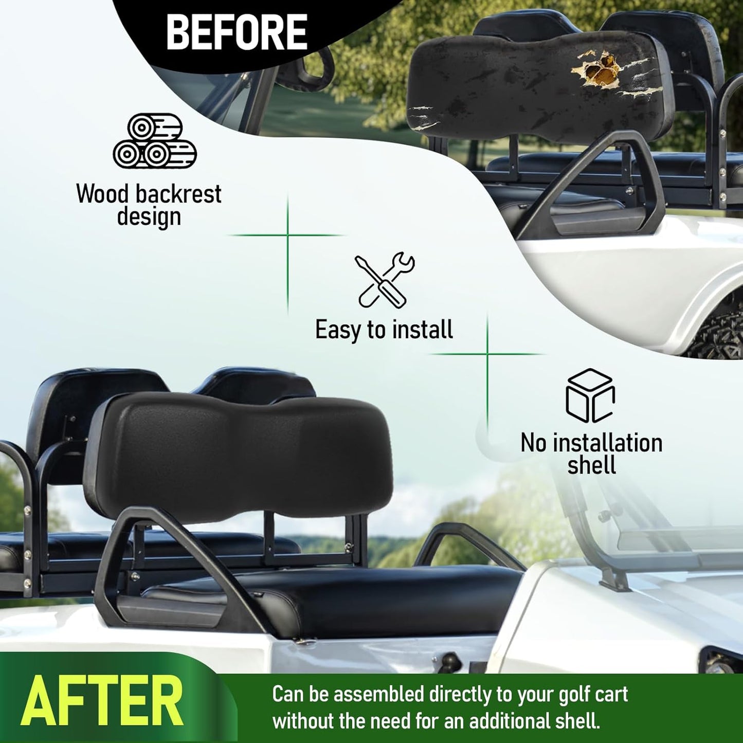 Seat Backrest Front Compatible with 2000.5-up Club Car DS Golf Cart Seat Back Cushion Black Plastic Foam Wood