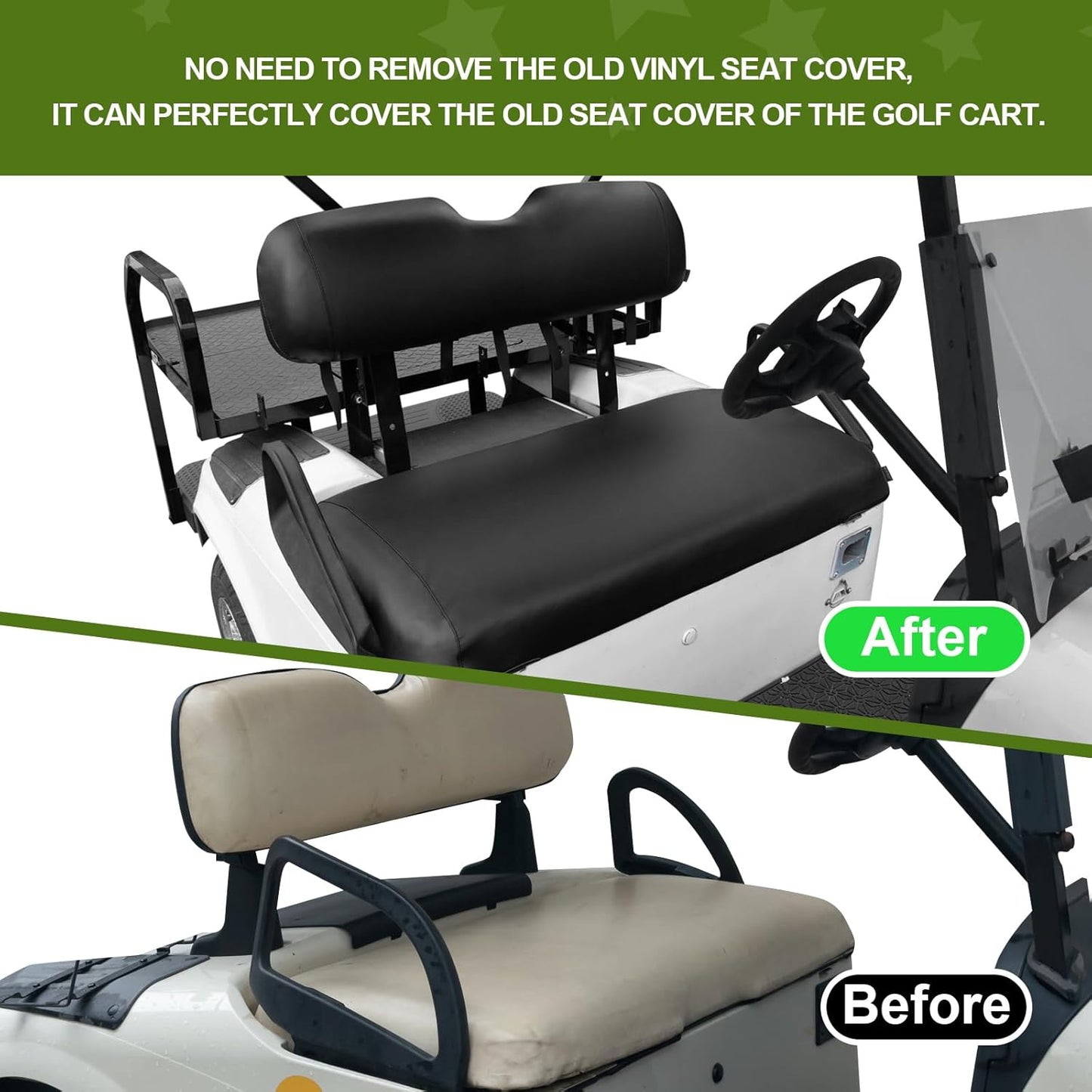 NOKINS Leather Front Golf Cart Seat Covers Fit EZGO TXT 1994-2013/EZGO RXV OEM Ordinary Front Seat Cushion,Smooth and Simple Style,No Stapler,Golf Cart Vinyl Waterproof Replacement Seat Cover, Black