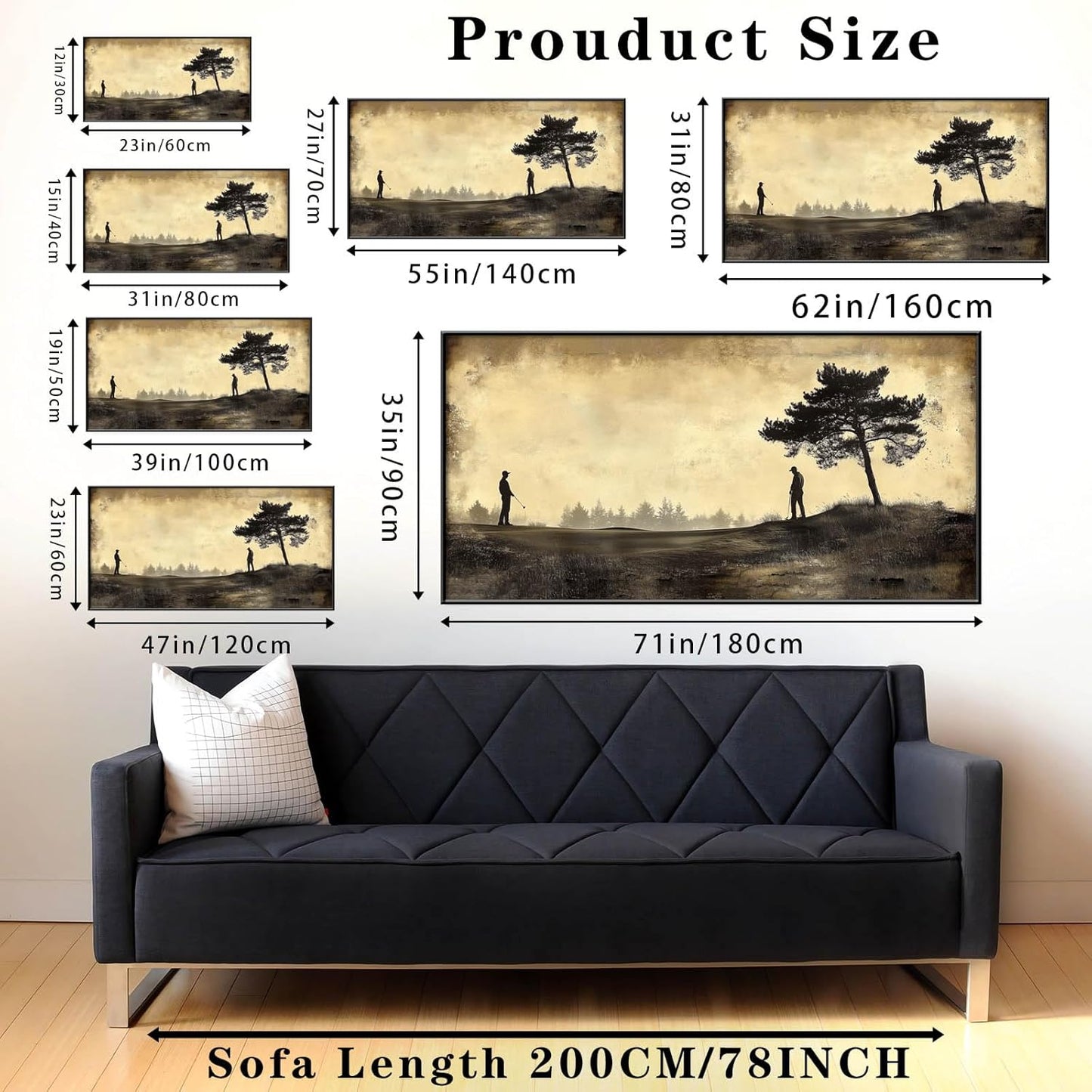 Vintage Golfers Landscape Wall Art, Golf Canvas Print, Golfers Picture Artwork for Wall, Rustic Wall Art, Horizontal Wall Decor, Vintage Sports Poster, Gift for Dad, Man Cave Decor (Black Framed, 62"x31"|160x80cm)