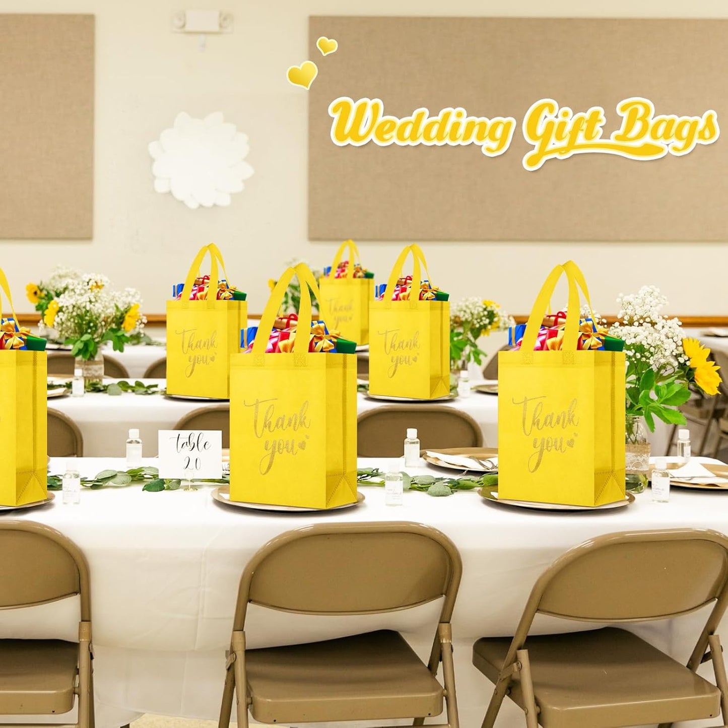 Sweetude 30 Pcs Thank You Gift Bags with Handles Bulk Reusable Goodie Bag Non Woven Foldable Handbag for Graduation Wedding Bridesmaid Gifts(10 x 8 x 4 Inch,Yellow)
