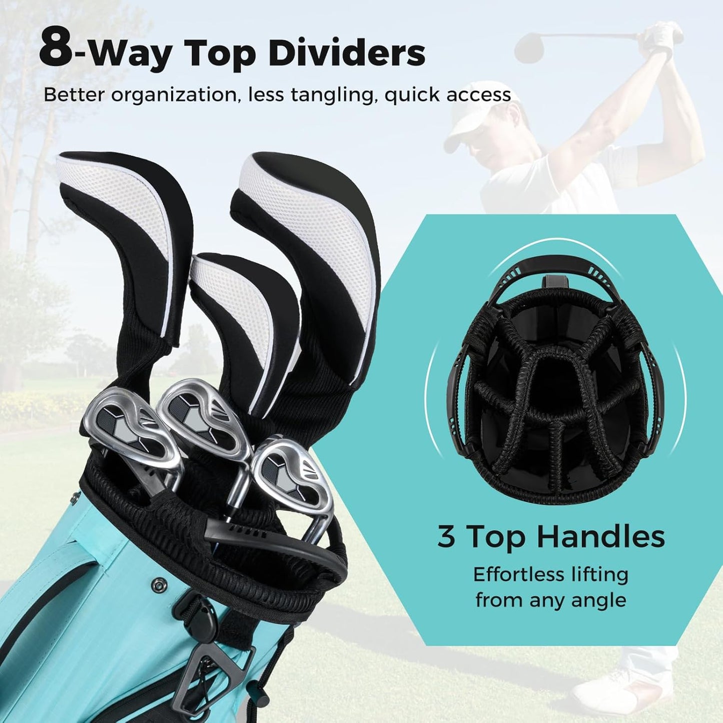 ULTIMATE Golf Stand Bag, 8-Way Golf Bag with 5 Pockets, Rain Hood, Detachable Dual Shoulder Strap, Lumbar Pad, Handles, Portable Golf Club Bag for Men & Women