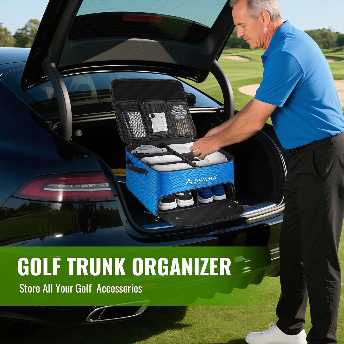 Golf Trunk Organizer, 3 Layers Large Space Car Trunk Locker, with Separate Compartment, Waterproof Golf Accessories Bag for 2 Pairs of Golf Shoes, Balls, Clothes, Golf Gift for Men Women