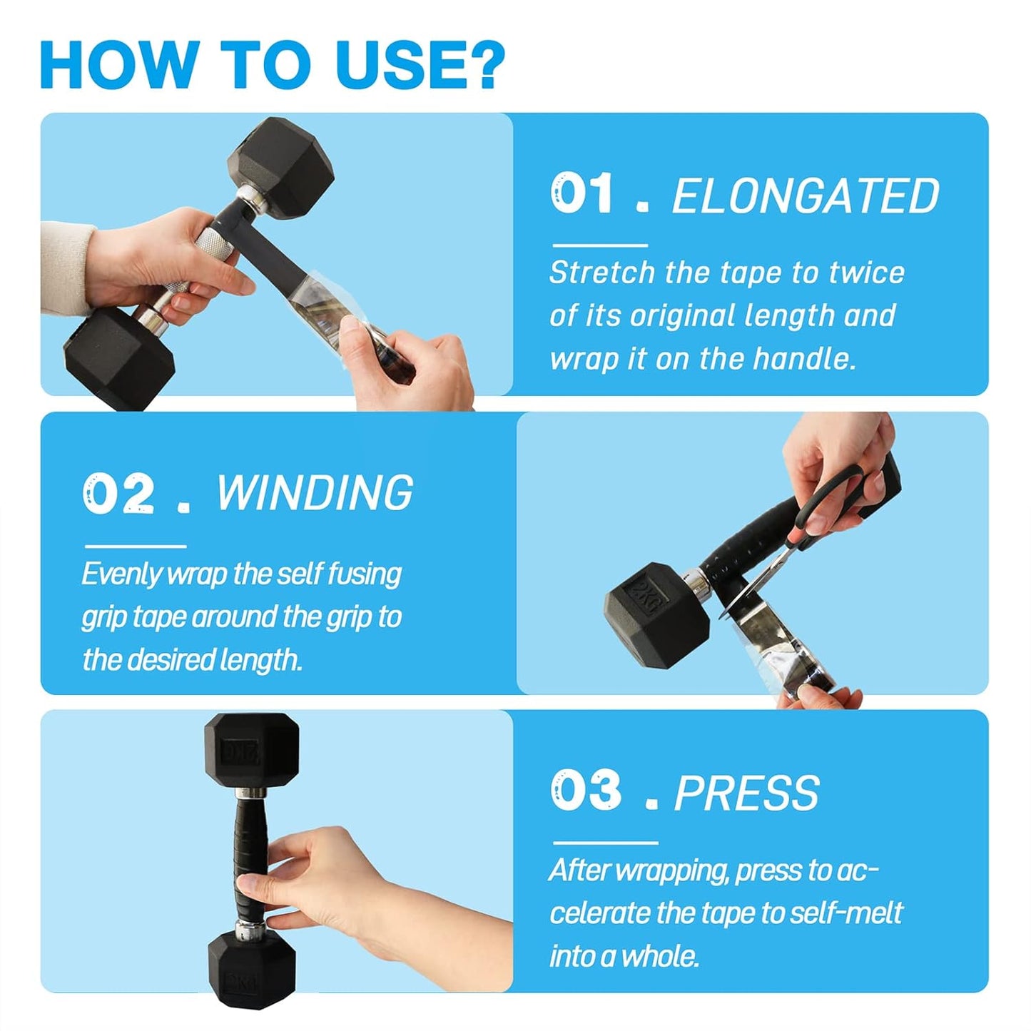 2 Rolls 1IN X 10FT Grip Tape,Silicone Tape for Handles,Self Fusing Silicone Grip Wrap for Fishing Pole,Racket,Pull Up Bar,No Adhesive,Black