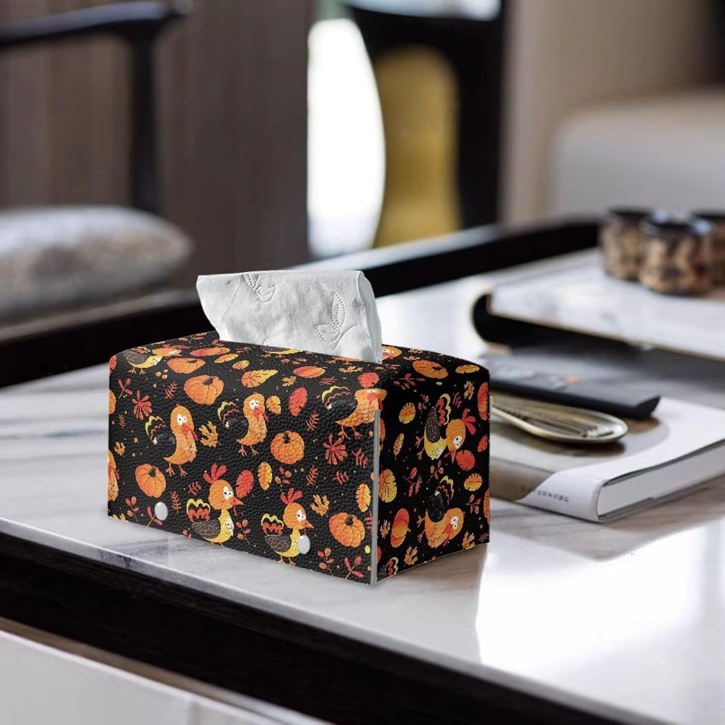 Cute Turkey Tissue Box Cover Rectangular PU Leather Facial Tissue Box Holder for Thanksgiving Day Home Decor Foldable Easy to Storage or Take