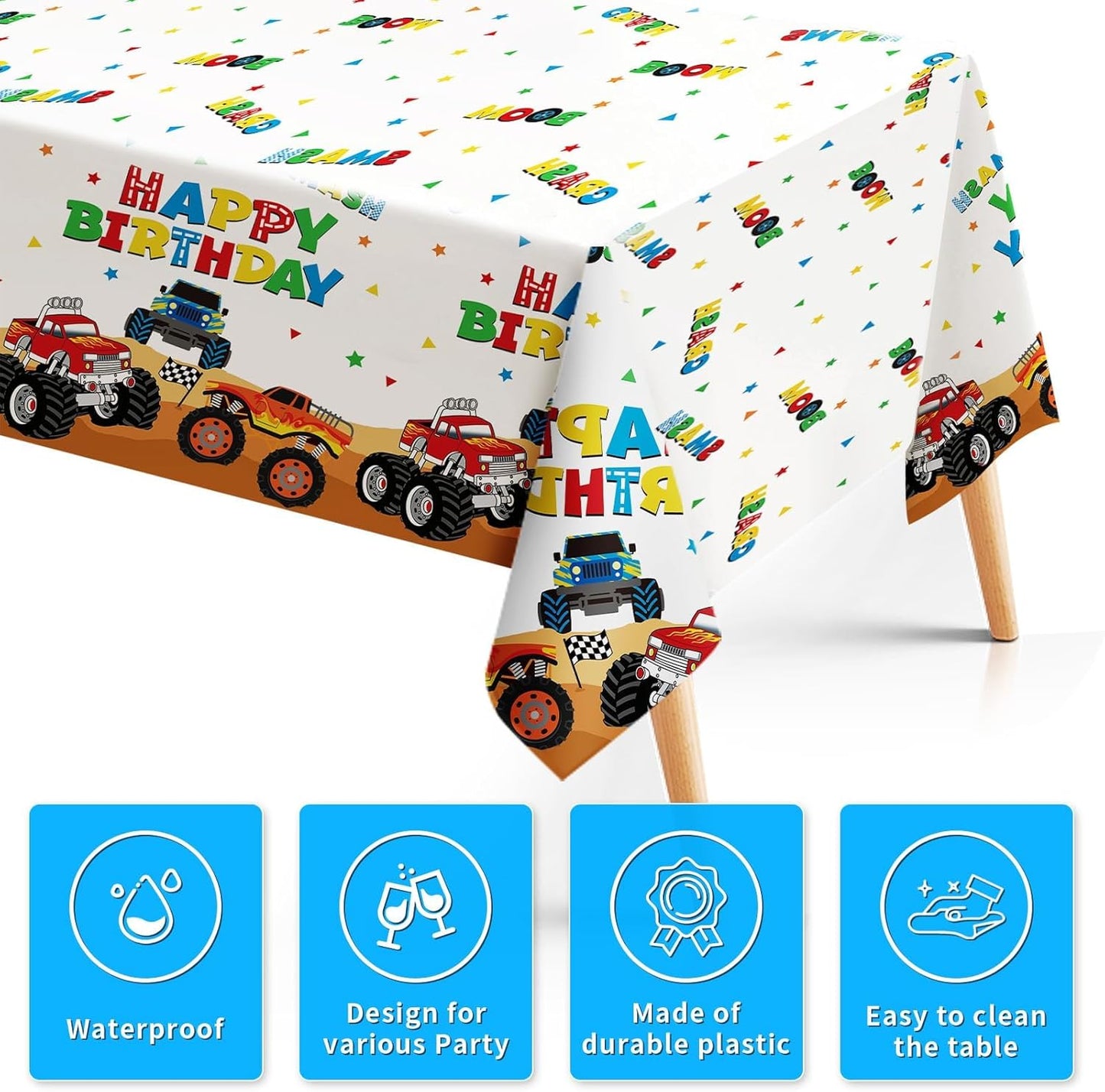 3Pcs Monster Theme Truck Birthday Tablecloth Monster Theme Jam Party Table Cover Plastic Rectangle Checkered Table Cloth Construction Truck Decorations for Kids Boys Birthday Party Supplies 54" x 108"