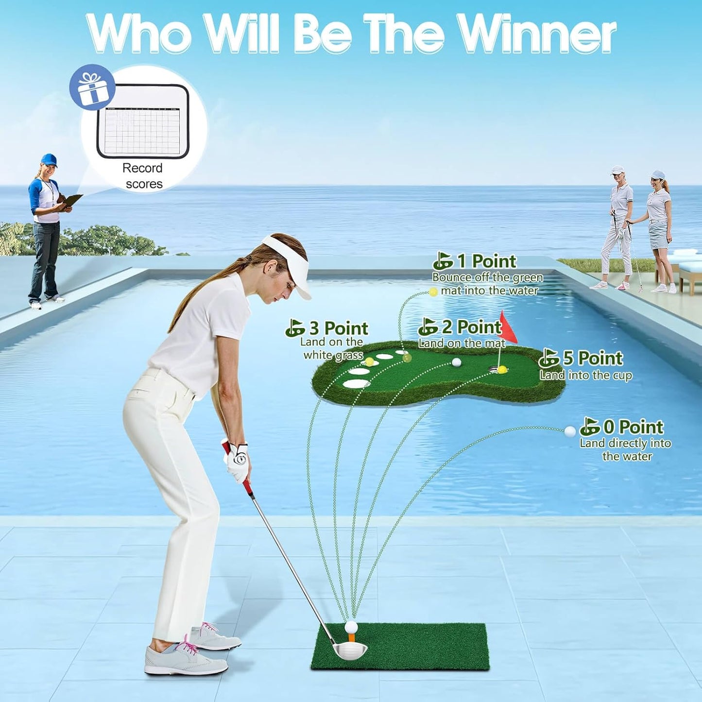 Floating Golf Green for Pool, Patented Pool Golf Game Floating Mat with Ball Retrieve Net/Scoreboard for Party & Training