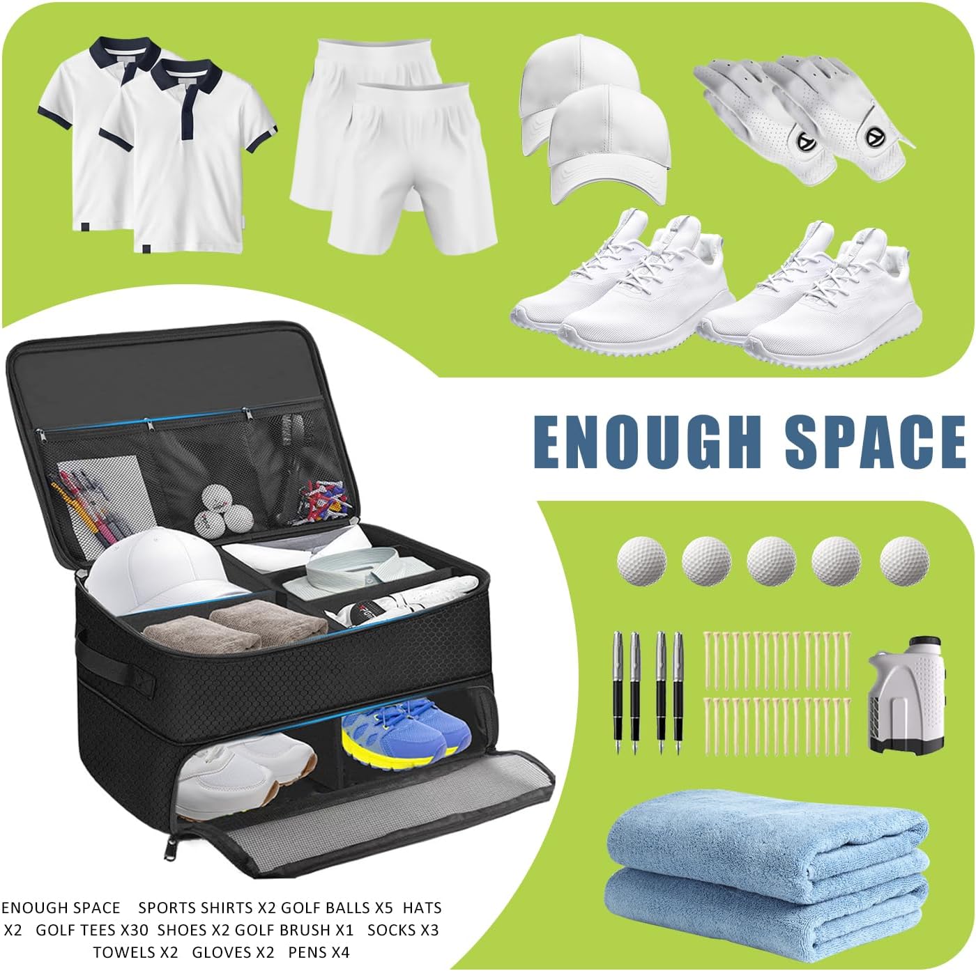 Golf Trunk Organizer, 2 Layer Golf Storage Bag, Waterproof Car Golfer Organizers with Ventilation Compartment for 2 Pairs Shoes, Balls, Clothes, Tees, Gloves, Accessories, Gifts for Men Women